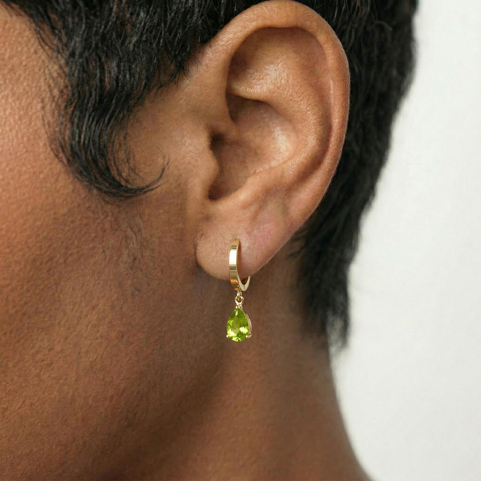Dainty Rose Gold Peridot Huggie Hoops | August Birthstone Pear Drop Earrings | Elegant Dangle Gemstone Jewelry Gift for Her