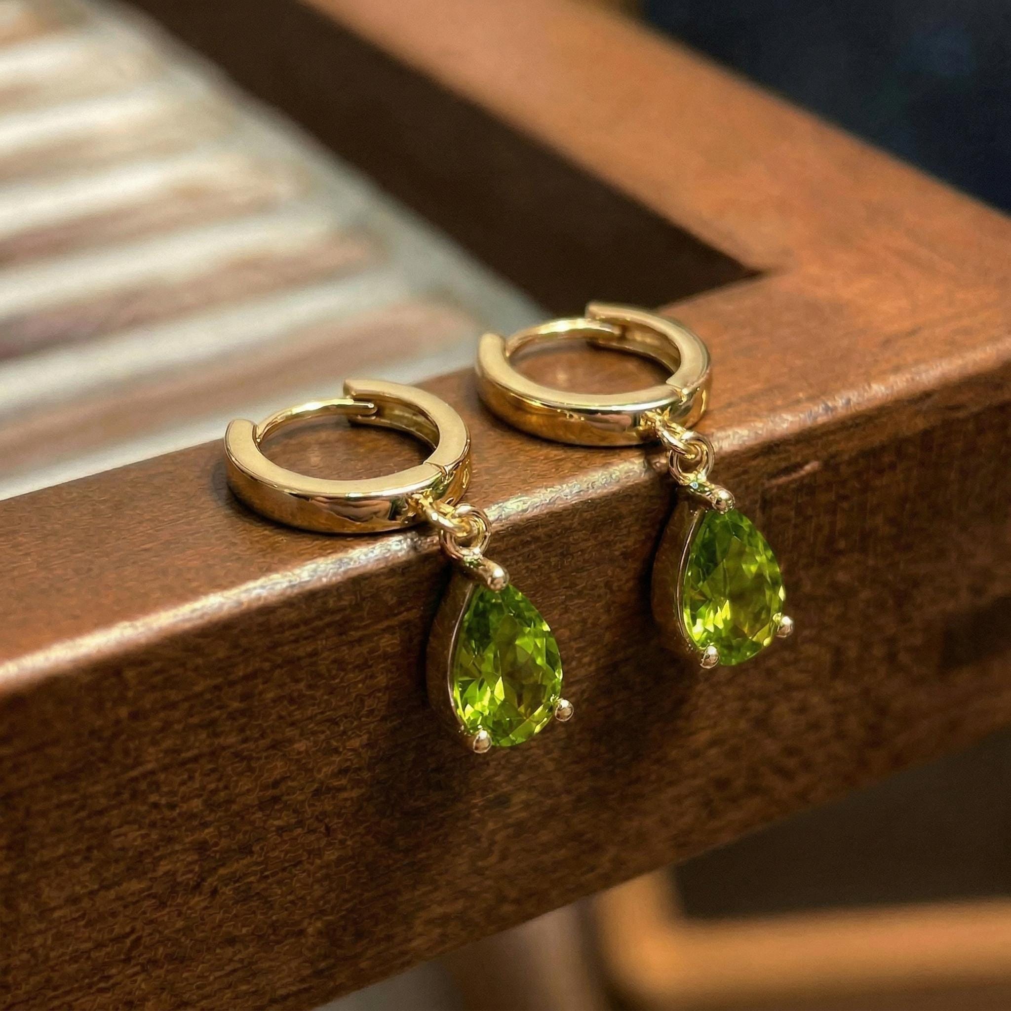 Dainty Rose Gold Peridot Huggie Hoops | August Birthstone Pear Drop Earrings | Elegant Dangle Gemstone Jewelry Gift for Her