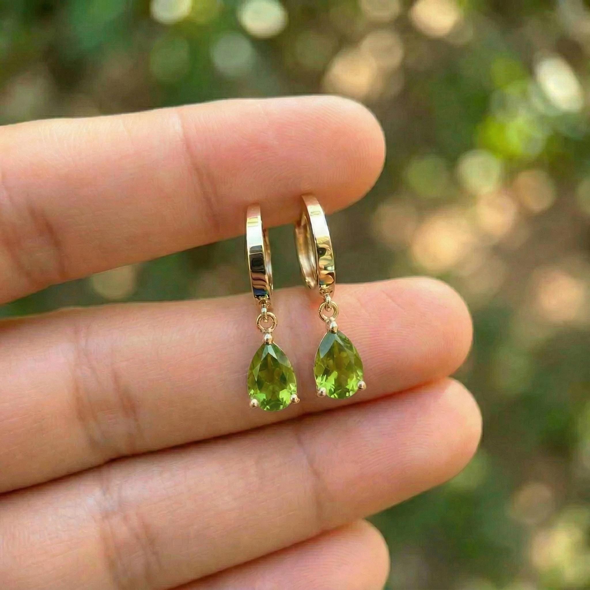 Dainty Rose Gold Peridot Huggie Hoops | August Birthstone Pear Drop Earrings | Elegant Dangle Gemstone Jewelry Gift for Her