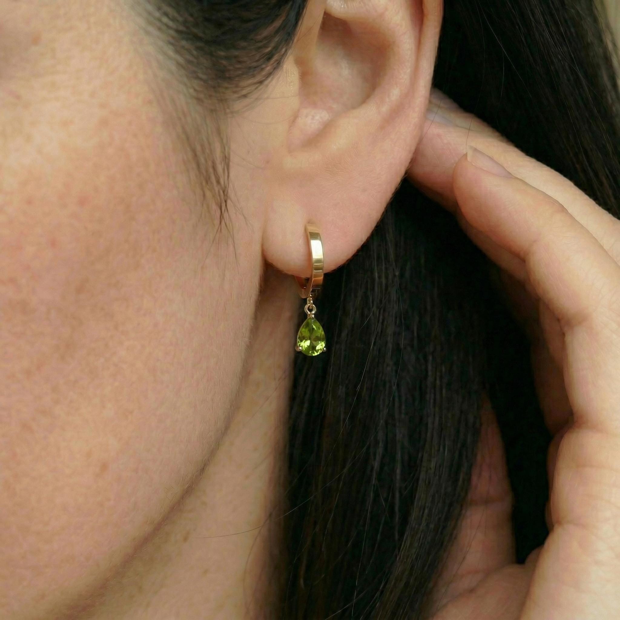 Dainty Rose Gold Peridot Huggie Hoops | August Birthstone Pear Drop Earrings | Elegant Dangle Gemstone Jewelry Gift for Her
