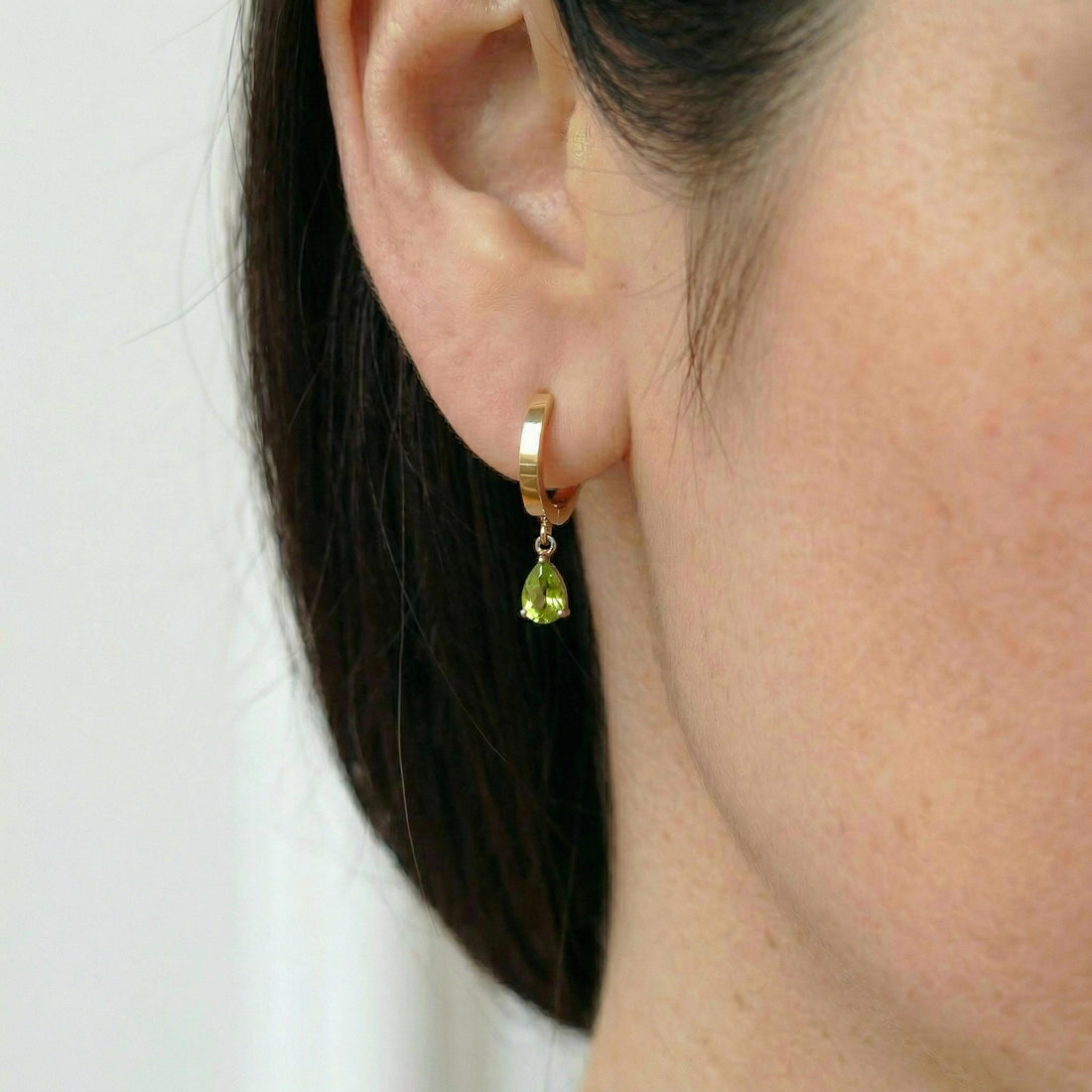 Dainty Rose Gold Peridot Huggie Hoops | August Birthstone Pear Drop Earrings | Elegant Dangle Gemstone Jewelry Gift for Her