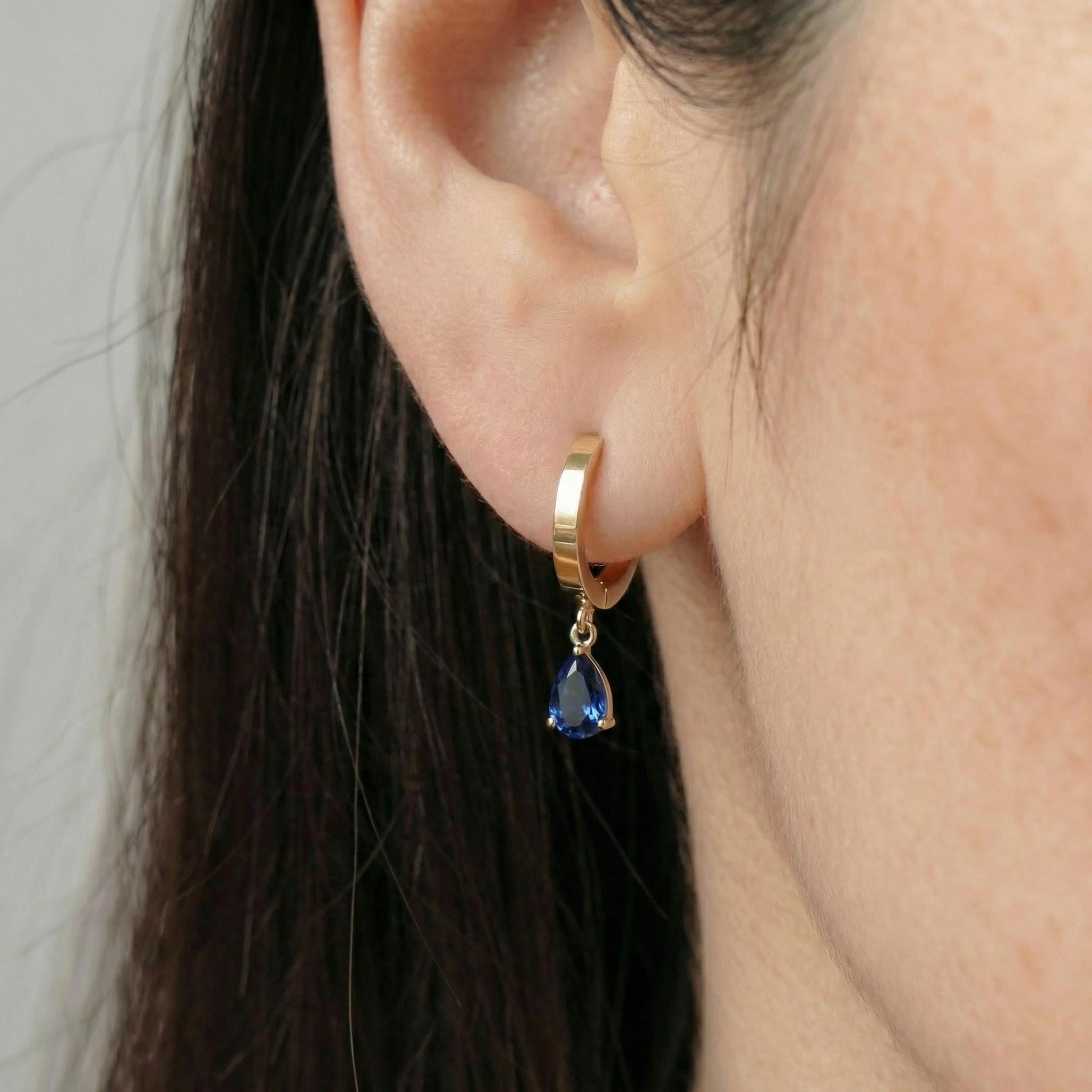 Elegant Blue Sapphire Teardrop Dangle Hoop Earrings | 14K Gold Plated Minimalist September Birthstone Jewelry Gift for Her