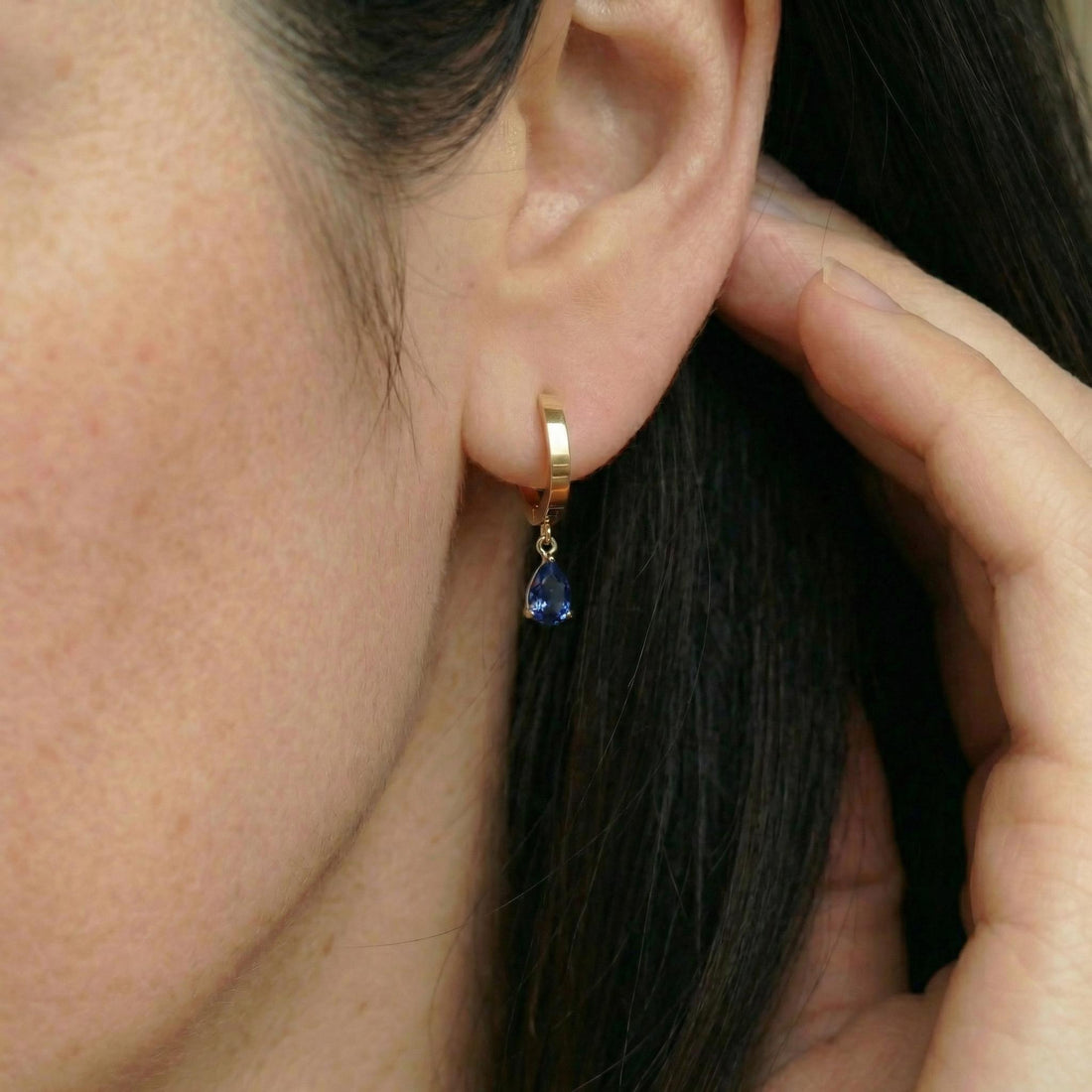 Elegant Blue Sapphire Teardrop Dangle Hoop Earrings | 14K Gold Plated Minimalist September Birthstone Jewelry Gift for Her