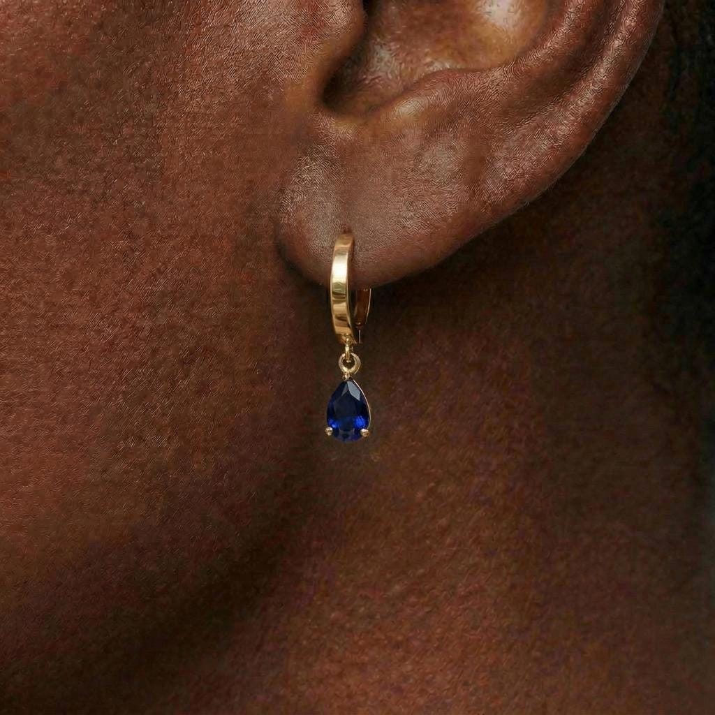 Elegant Blue Sapphire Teardrop Dangle Hoop Earrings | 14K Gold Plated Minimalist September Birthstone Jewelry Gift for Her