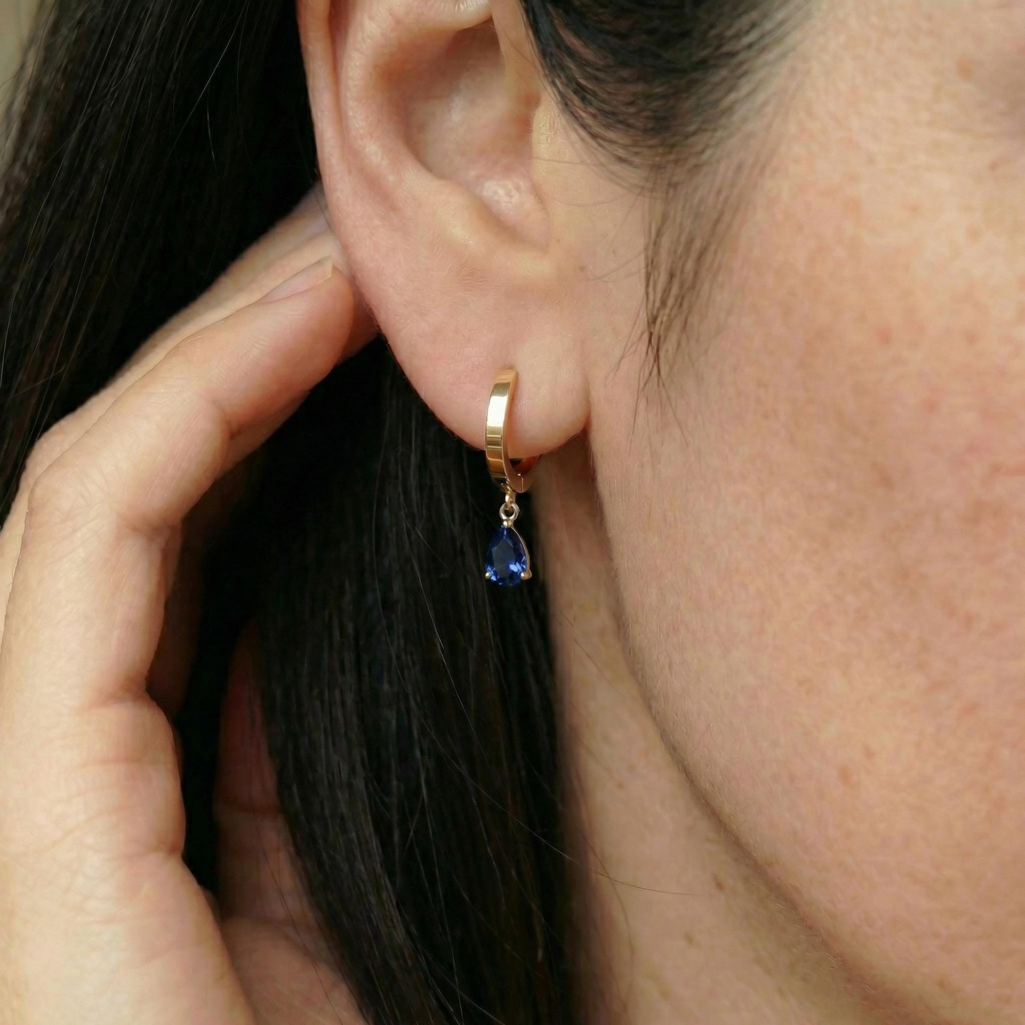 Elegant Blue Sapphire Teardrop Dangle Hoop Earrings | 14K Gold Plated Minimalist September Birthstone Jewelry Gift for Her
