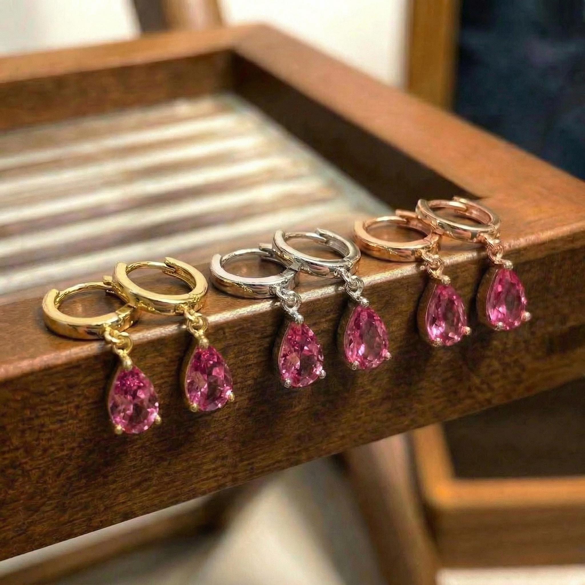 Elegant Rose Gold Pink Tourmaline Dangle Hoop Earrings | Delicate Pear Cut Gemstone Huggie Hoops | Everyday Jewelry Gift for Her