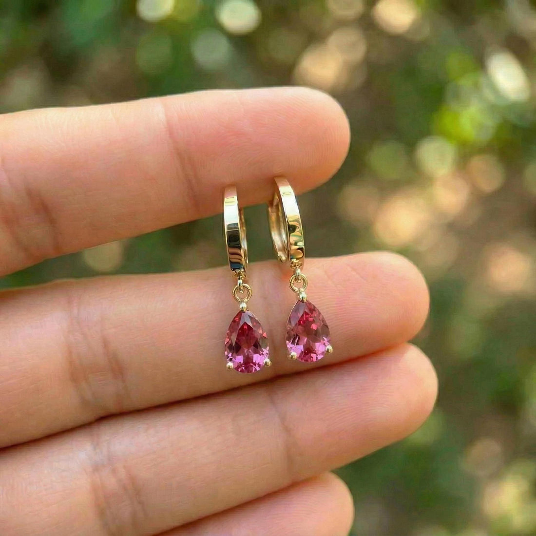 Elegant Rose Gold Pink Tourmaline Dangle Hoop Earrings | Delicate Pear Cut Gemstone Huggie Hoops | Everyday Jewelry Gift for Her