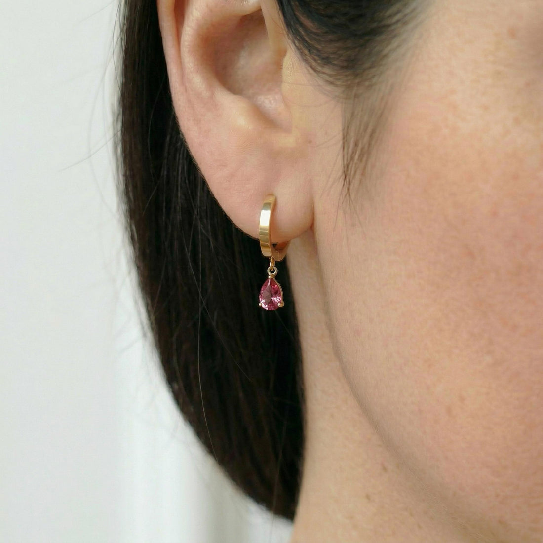 Elegant Rose Gold Pink Tourmaline Dangle Hoop Earrings | Delicate Pear Cut Gemstone Huggie Hoops | Everyday Jewelry Gift for Her