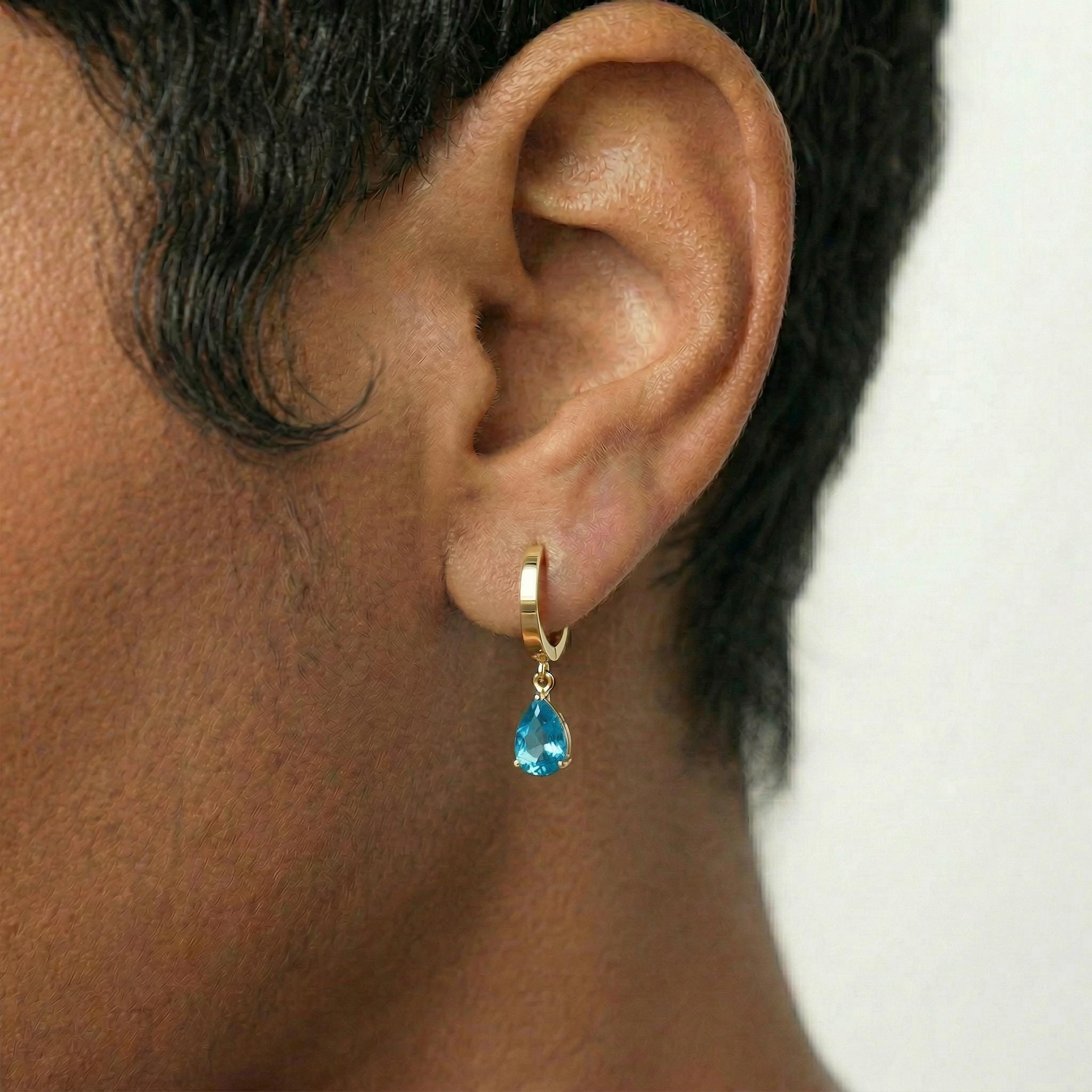 Delicate Rose Gold Blue Topaz Teardrop Dangle Hoop Earrings | December Birthstone Gift for Her | Minimalist Everyday Jewelry