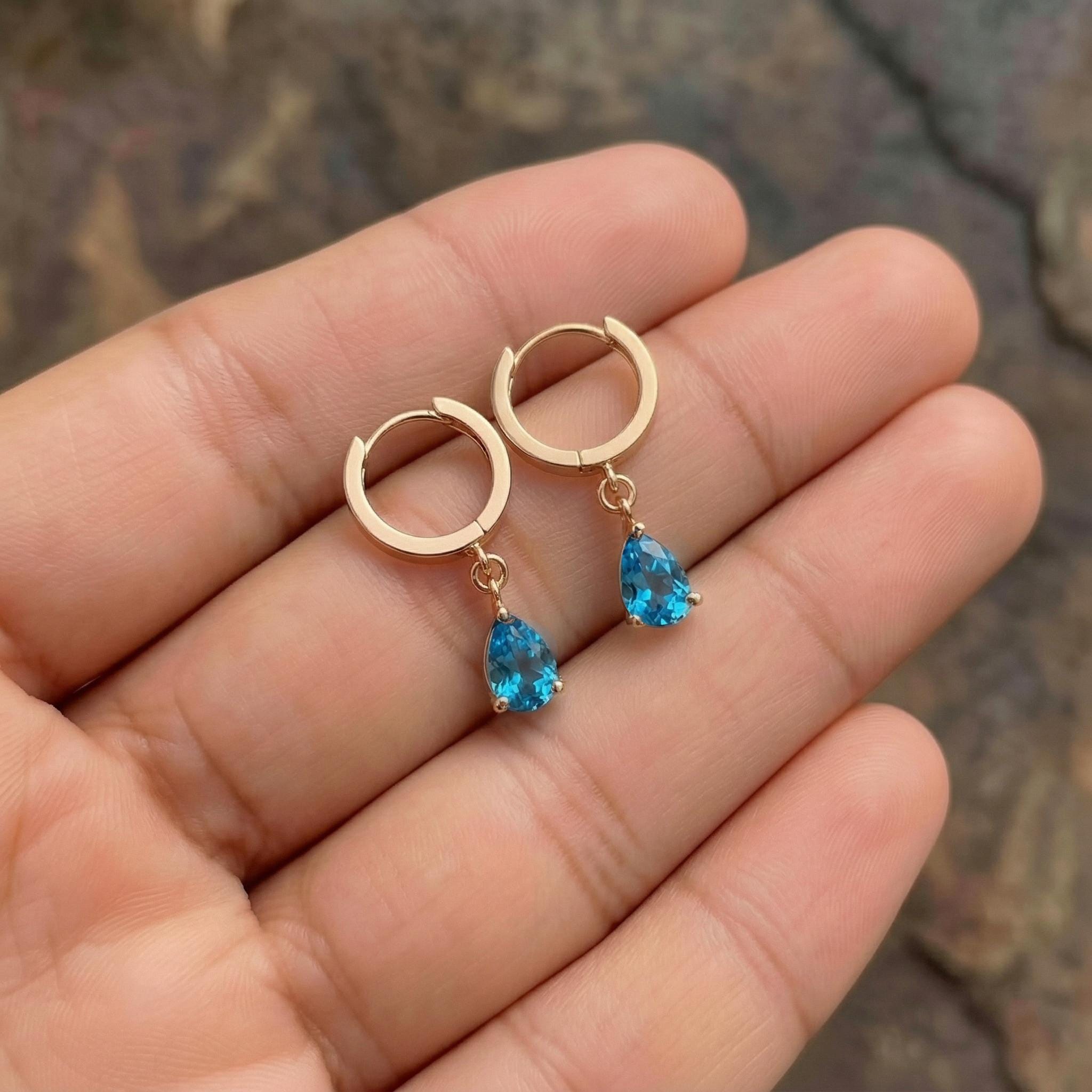 Delicate Rose Gold Blue Topaz Teardrop Dangle Hoop Earrings | December Birthstone Gift for Her | Minimalist Everyday Jewelry