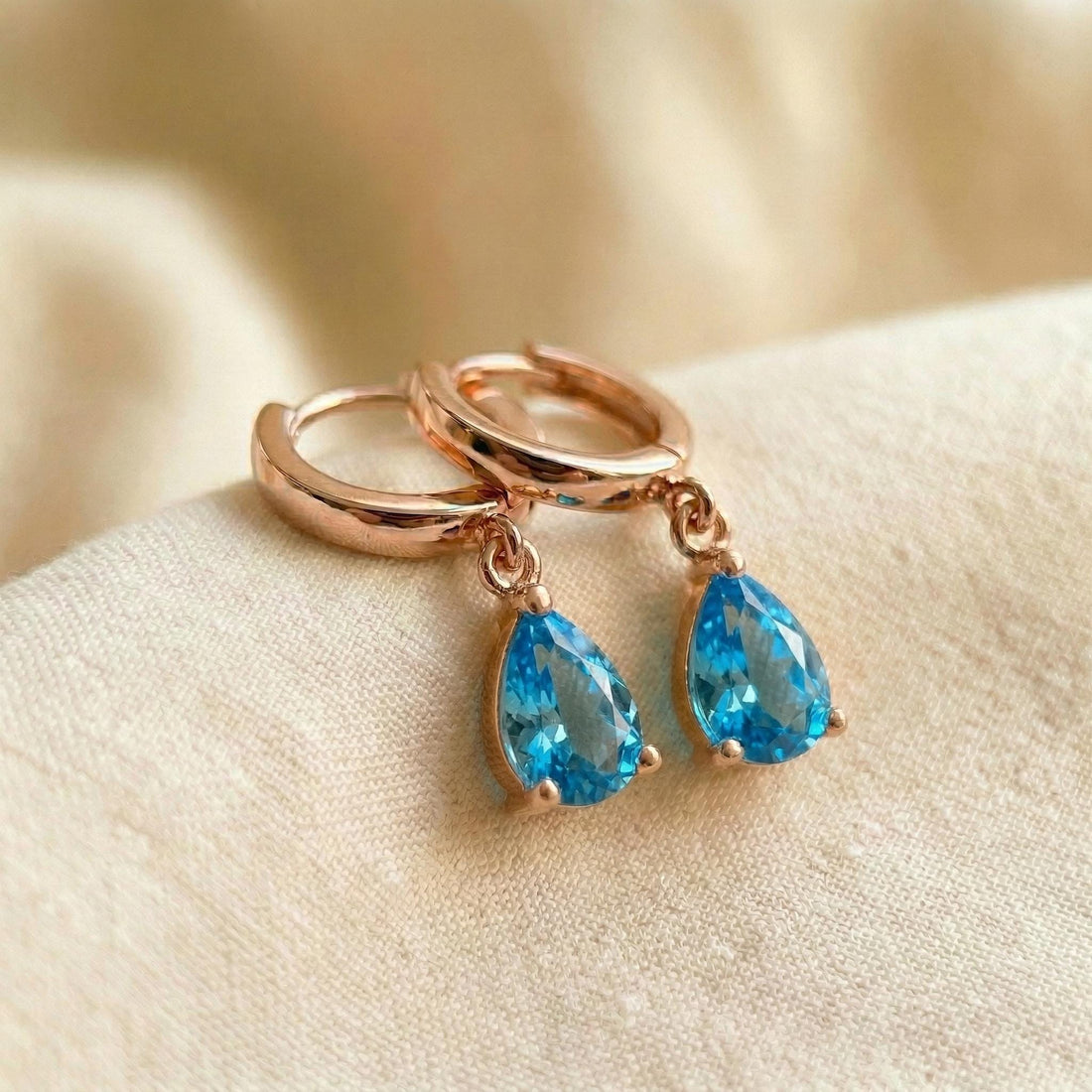 Delicate Rose Gold Blue Topaz Teardrop Dangle Hoop Earrings | December Birthstone Gift for Her | Minimalist Everyday Jewelry