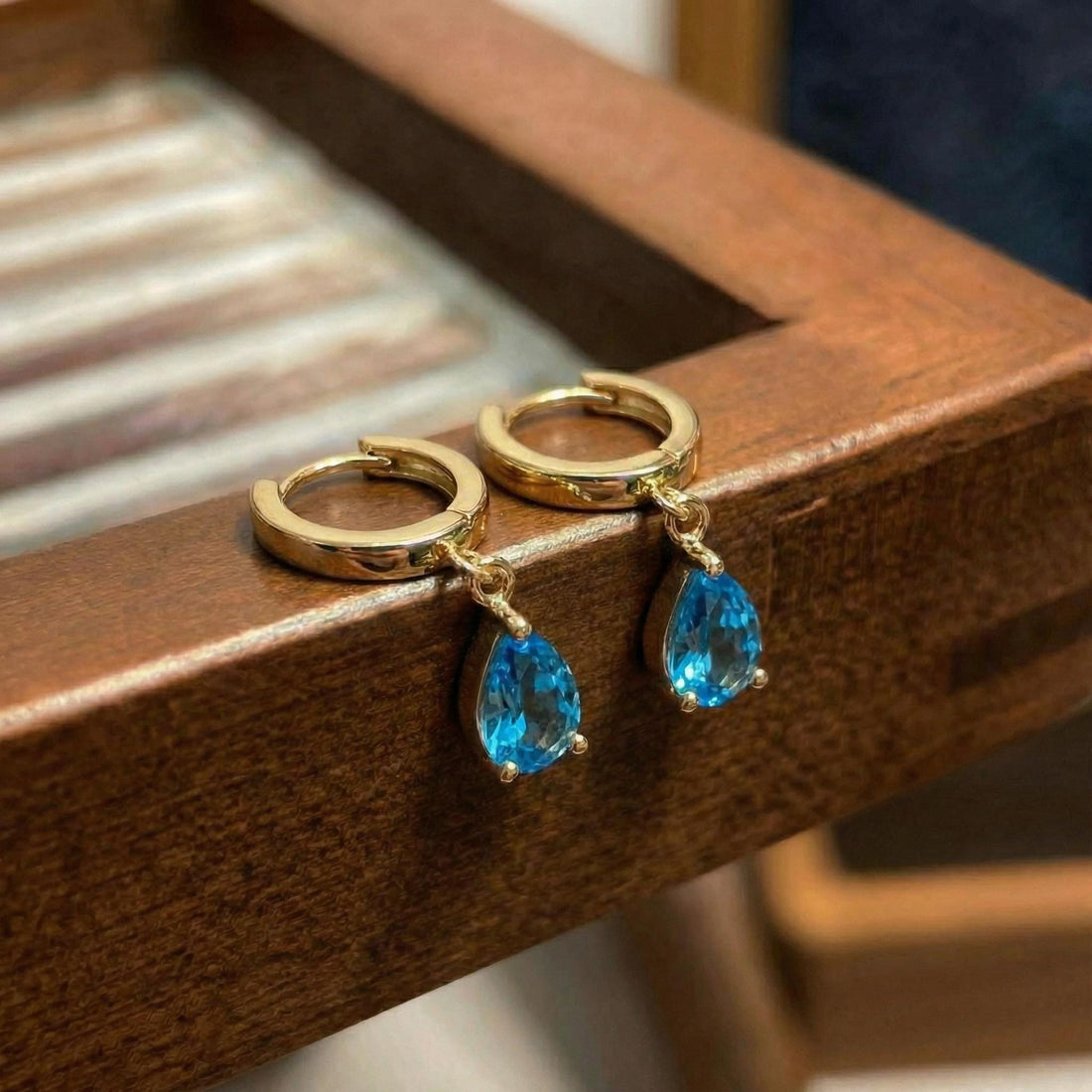 Delicate Rose Gold Blue Topaz Teardrop Dangle Hoop Earrings | December Birthstone Gift for Her | Minimalist Everyday Jewelry