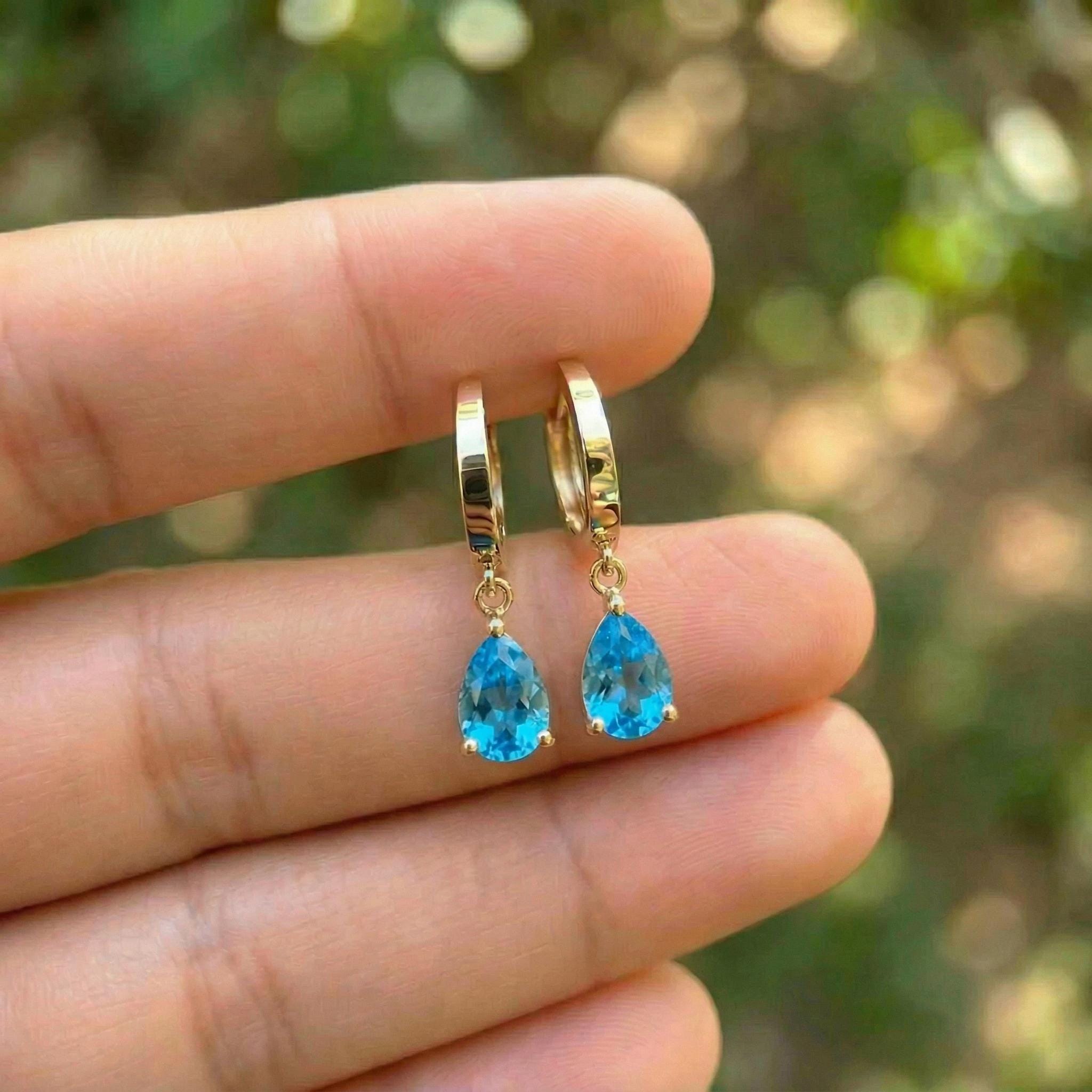 Delicate Rose Gold Blue Topaz Teardrop Dangle Hoop Earrings | December Birthstone Gift for Her | Minimalist Everyday Jewelry