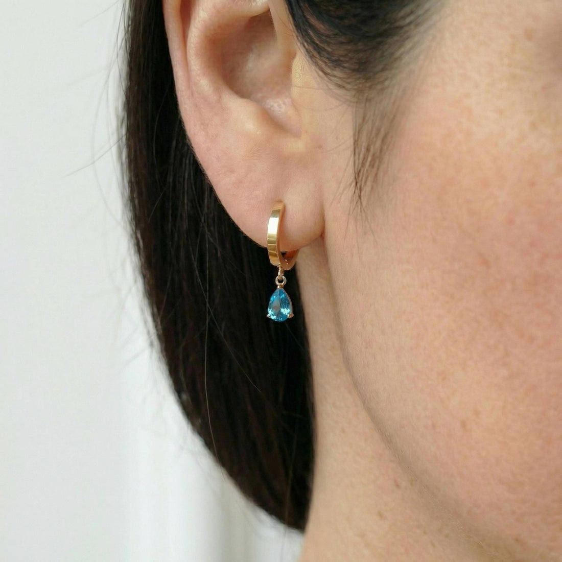 Delicate Rose Gold Blue Topaz Teardrop Dangle Hoop Earrings | December Birthstone Gift for Her | Minimalist Everyday Jewelry