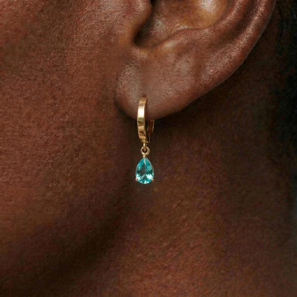 Delicate Rose Gold Blue Topaz Teardrop Dangle Hoop Earrings | December Birthstone Gift for Her | Minimalist Everyday Jewelry