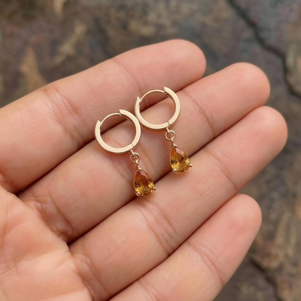 Dainty Gold Citrine Teardrop Hoop Earrings - Minimalist Dangle Earrings - Everyday Elegant Jewelry - November Birthstone Gift for Her
