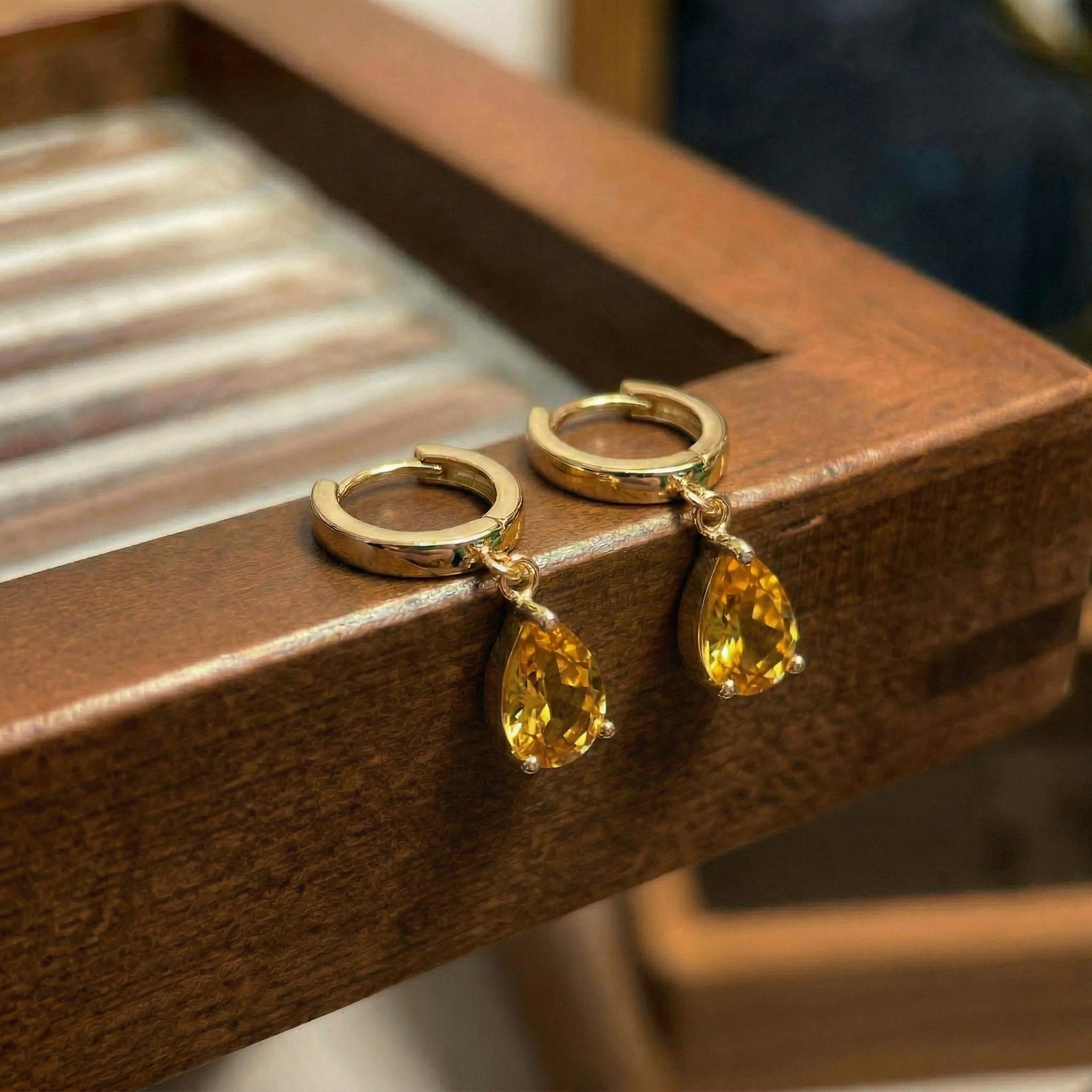Dainty Gold Citrine Teardrop Hoop Earrings - Minimalist Dangle Earrings - Everyday Elegant Jewelry - November Birthstone Gift for Her