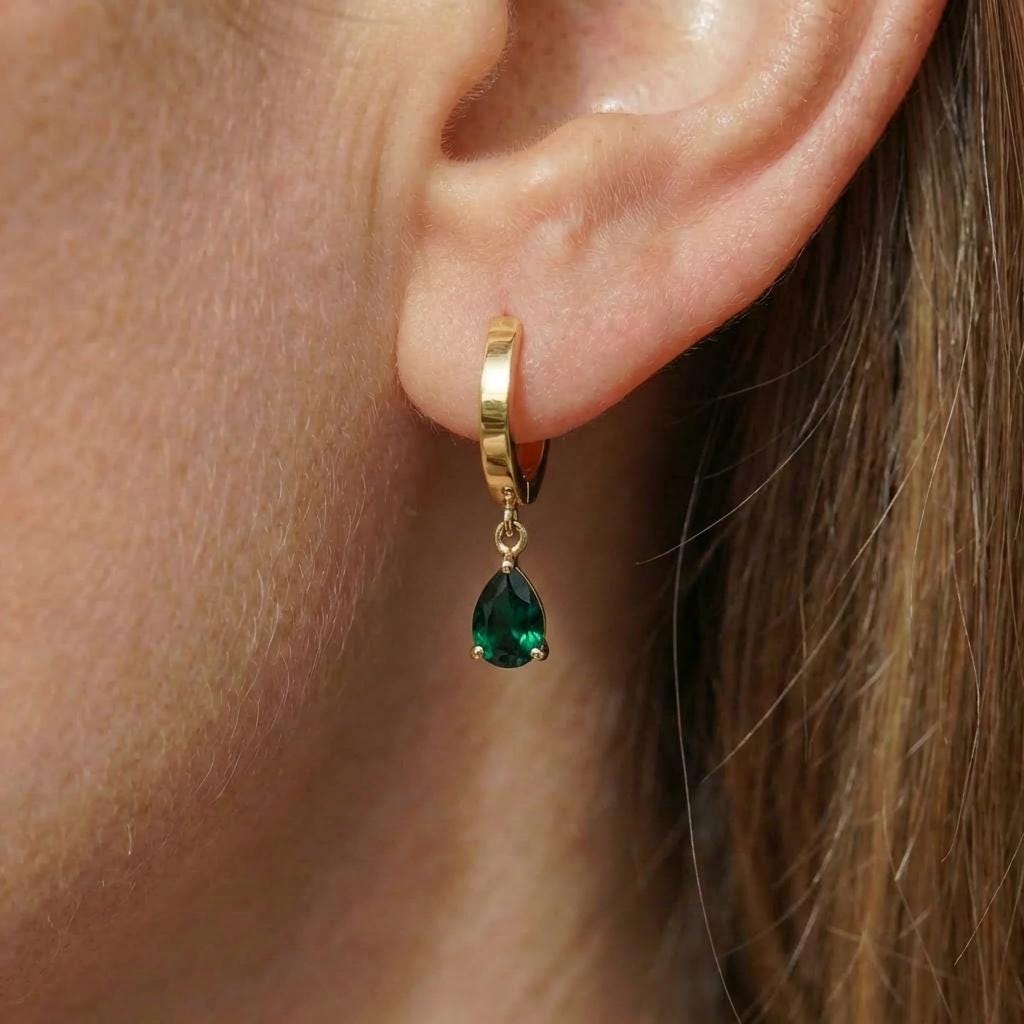 Emerald Green Teardrop Dangle Hoop Earrings | Sterling Silver | Minimalist Elegant Gemstone Drop Earrings | Gift for Her