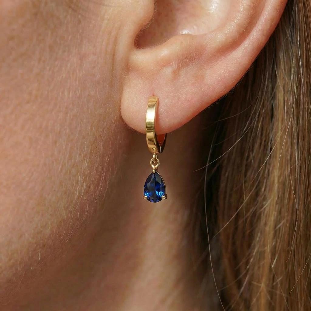 Elegant Blue Sapphire Teardrop Dangle Hoop Earrings | 14K Gold Plated Minimalist September Birthstone Jewelry Gift for Her