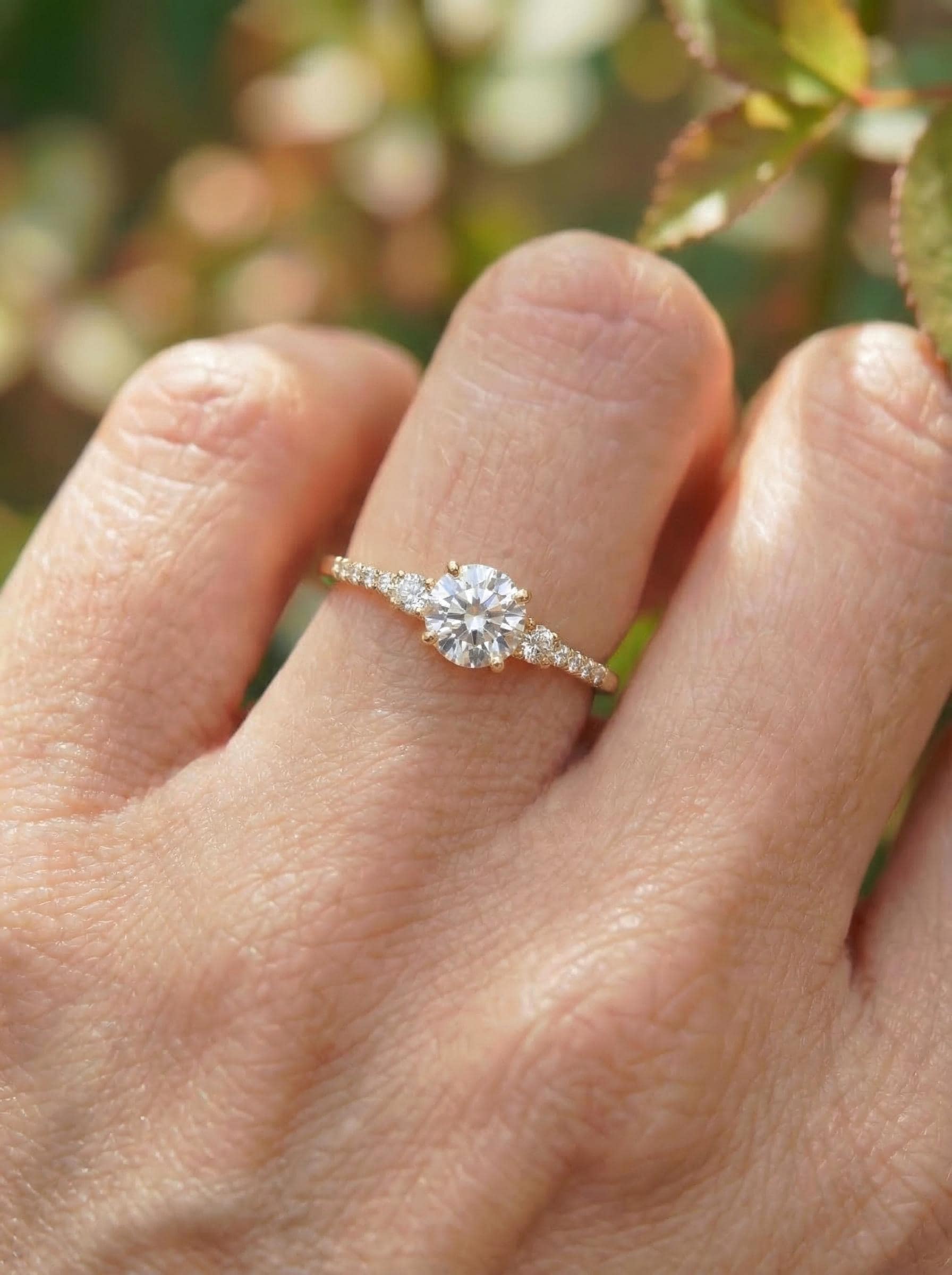 Three Stone Travel Ring, Round Cut 1ct Simulated Diamond Engagement Ring, Three Stone Ring, Dainty Gold Promise Ring, Bridal Ring For Her