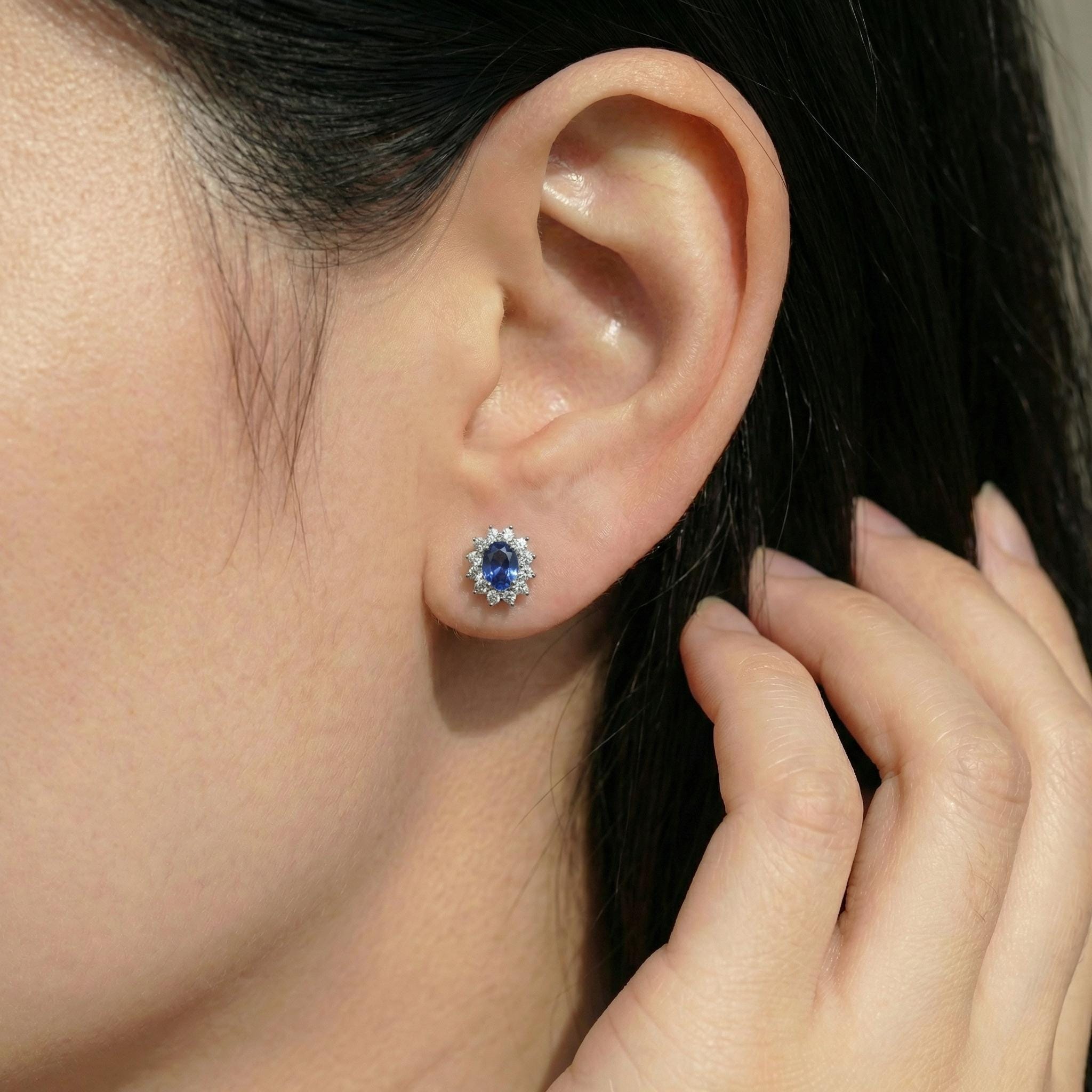 Elegant Sapphire & Diamond Halo Stud Earrings | Dainty Royal Blue Gemstone Cluster | 14K Gold Fine Jewelry Gift for Her