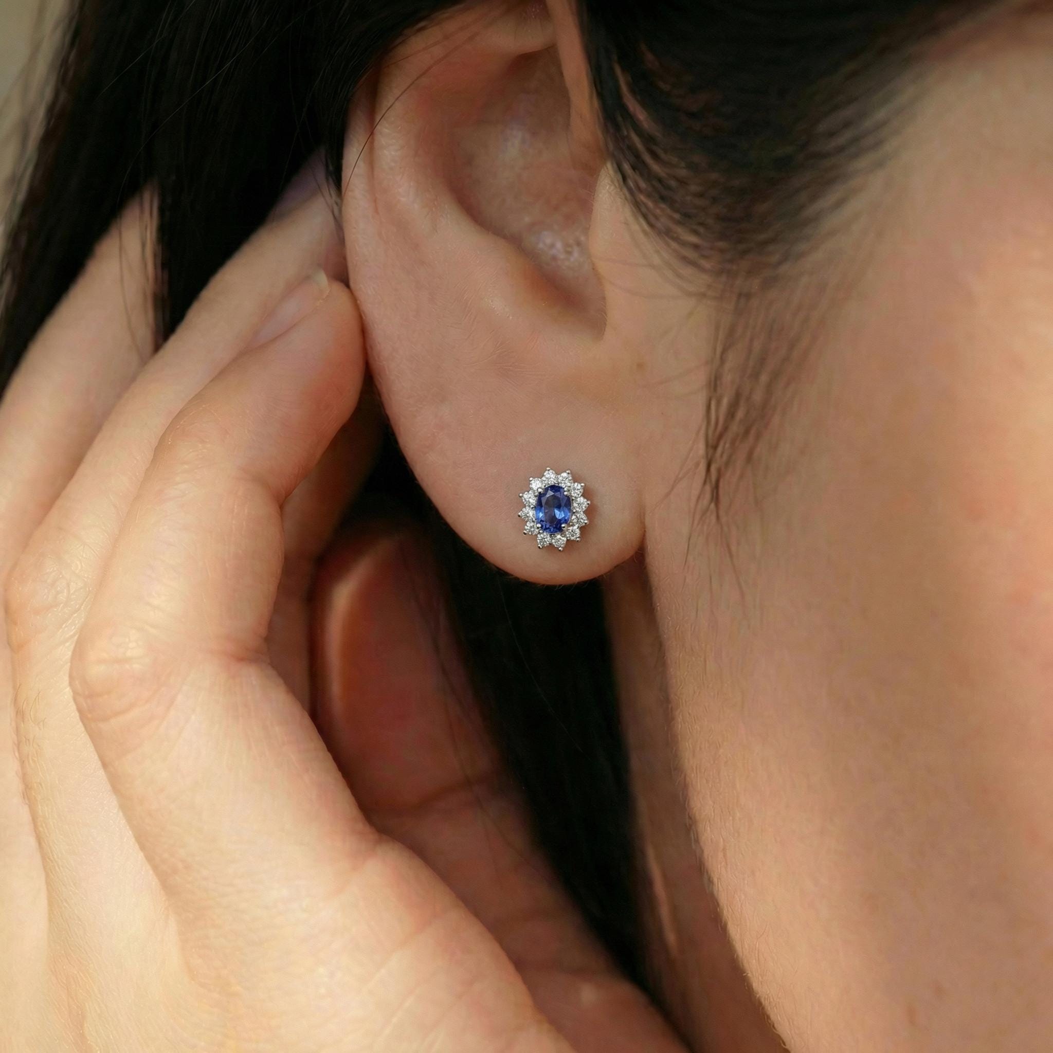Elegant Sapphire & Diamond Halo Stud Earrings | Dainty Royal Blue Gemstone Cluster | 14K Gold Fine Jewelry Gift for Her