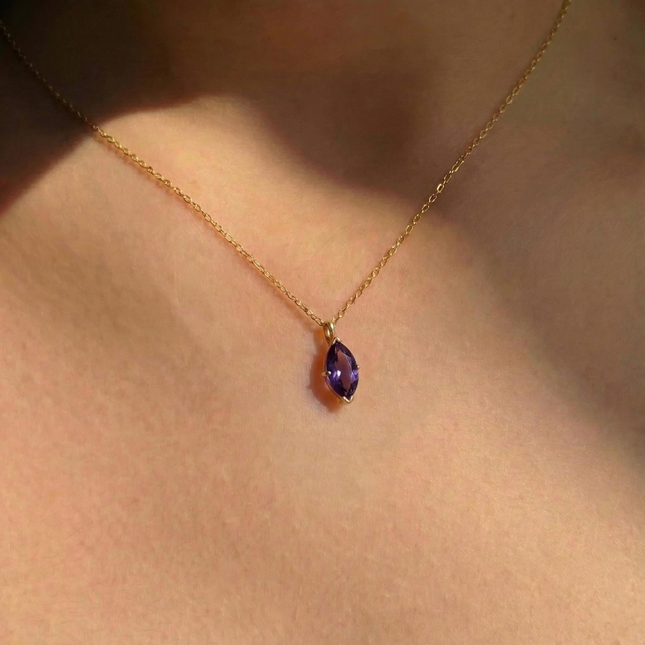 Dainty Amethyst Marquise Pendant Necklace in Gold - February Birthstone Jewelry - Elegant Gemstone Charm on Gold Chain - Gift for Her