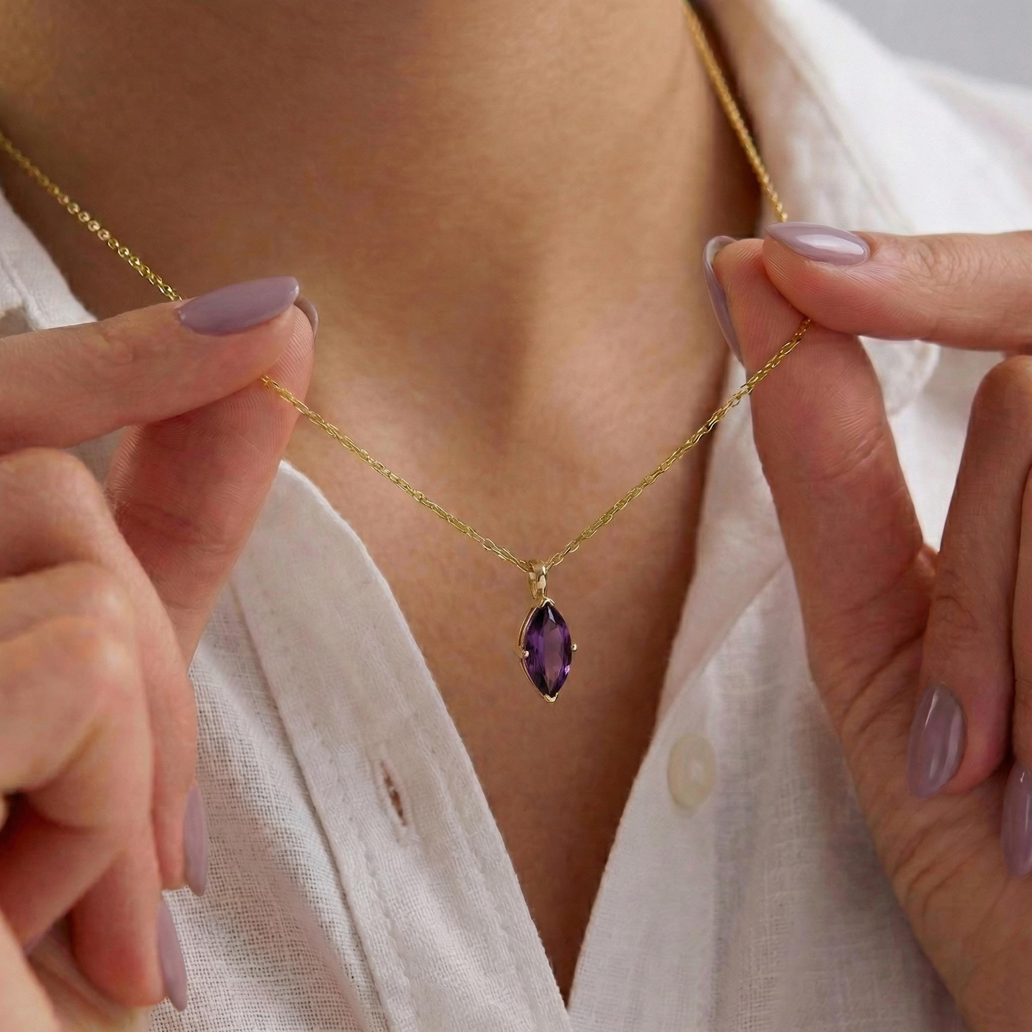 Dainty Amethyst Marquise Pendant Necklace in Gold - February Birthstone Jewelry - Elegant Gemstone Charm on Gold Chain - Gift for Her