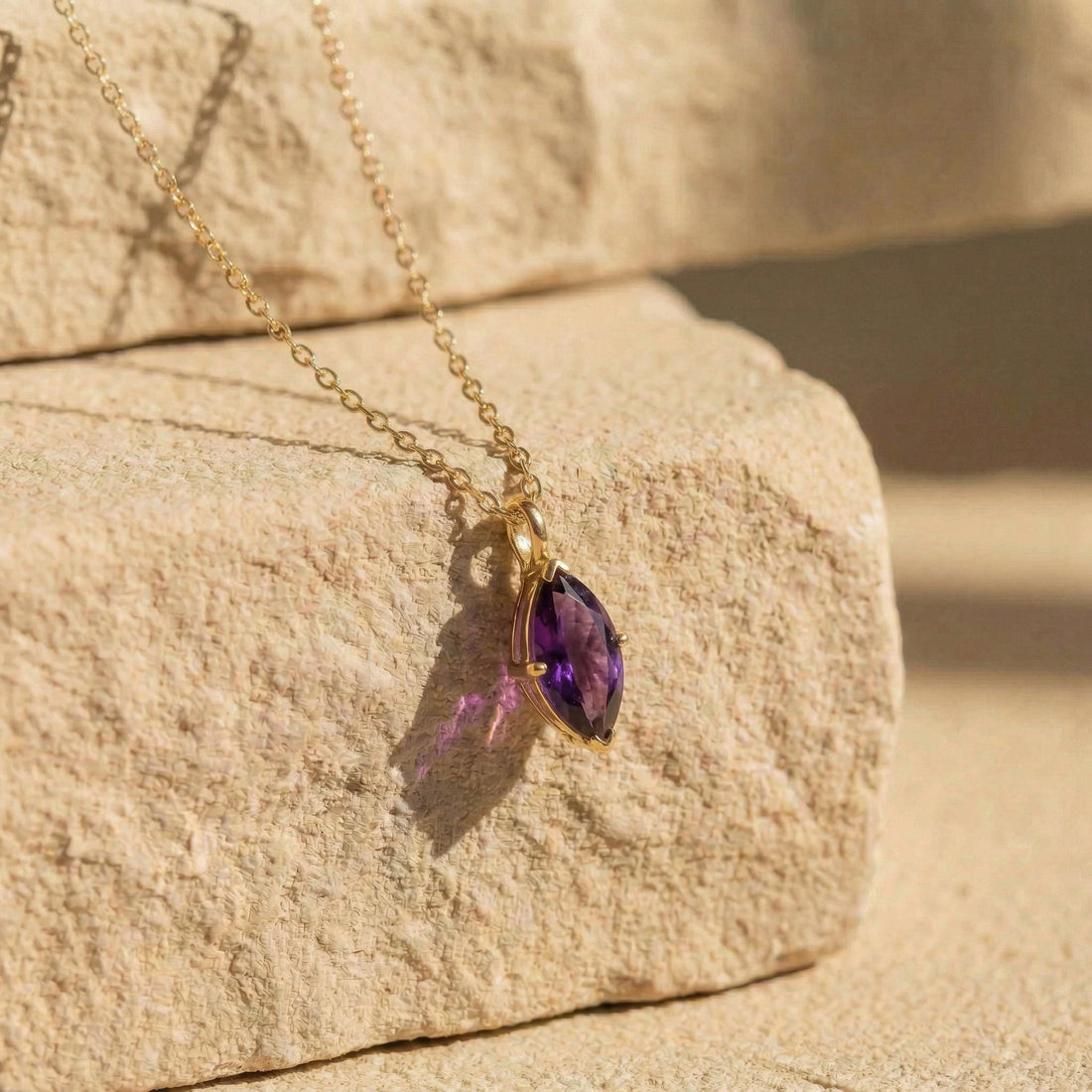 Dainty Amethyst Marquise Pendant Necklace in Gold - February Birthstone Jewelry - Elegant Gemstone Charm on Gold Chain - Gift for Her