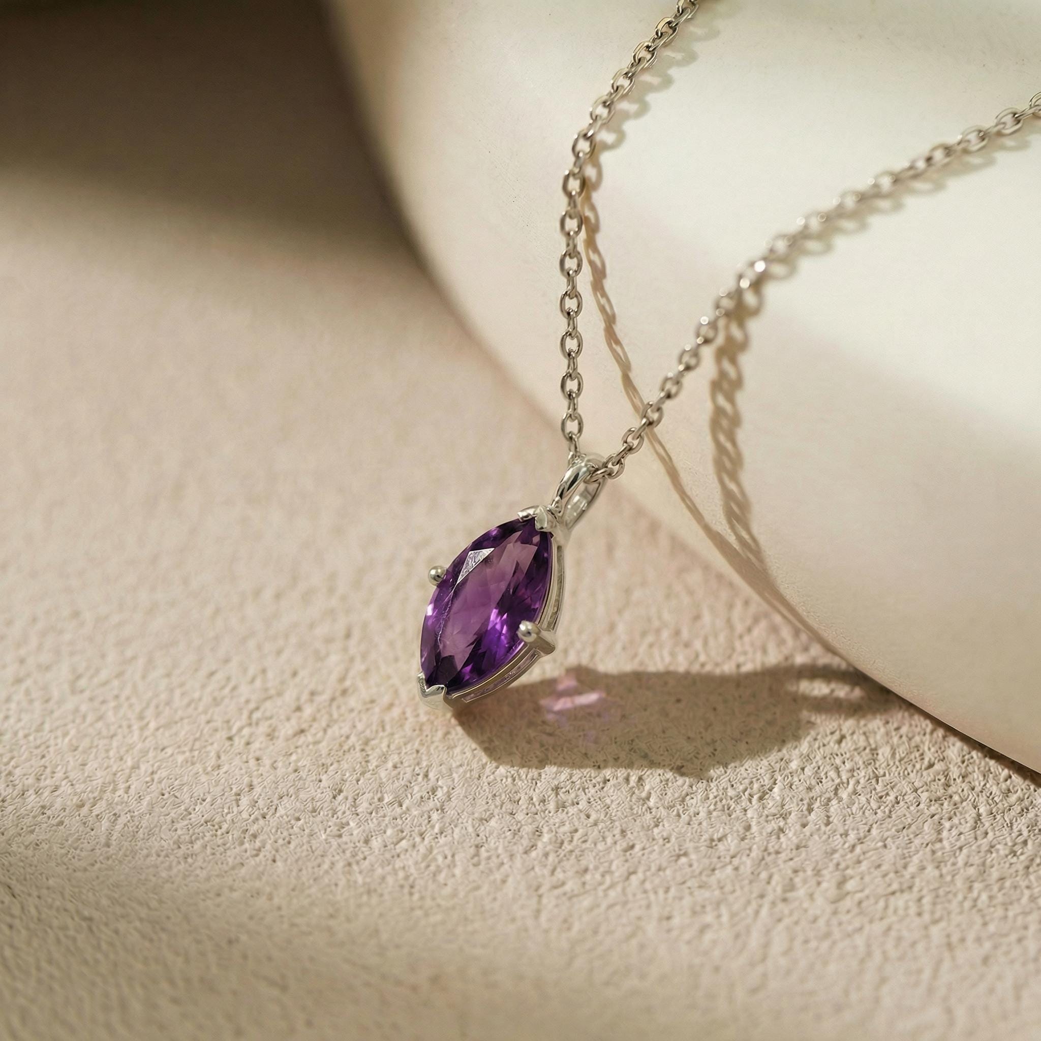 Dainty Amethyst Marquise Pendant Necklace in Gold - February Birthstone Jewelry - Elegant Gemstone Charm on Gold Chain - Gift for Her