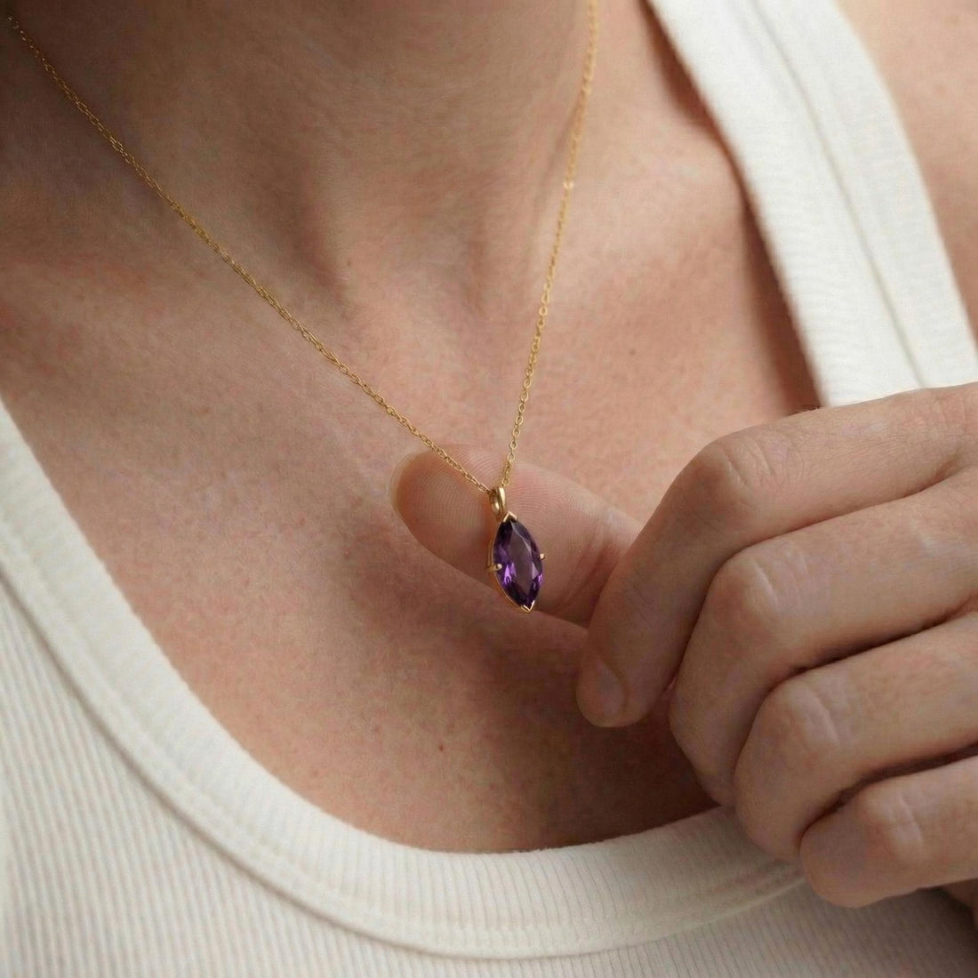 Dainty Amethyst Marquise Pendant Necklace in Gold - February Birthstone Jewelry - Elegant Gemstone Charm on Gold Chain - Gift for Her