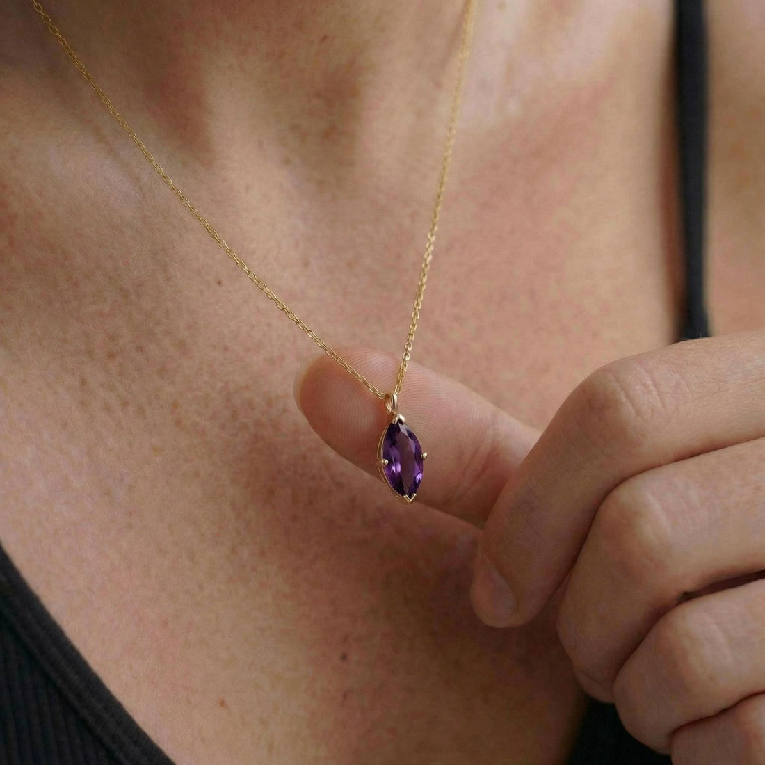 Dainty Amethyst Marquise Pendant Necklace in Gold - February Birthstone Jewelry - Elegant Gemstone Charm on Gold Chain - Gift for Her
