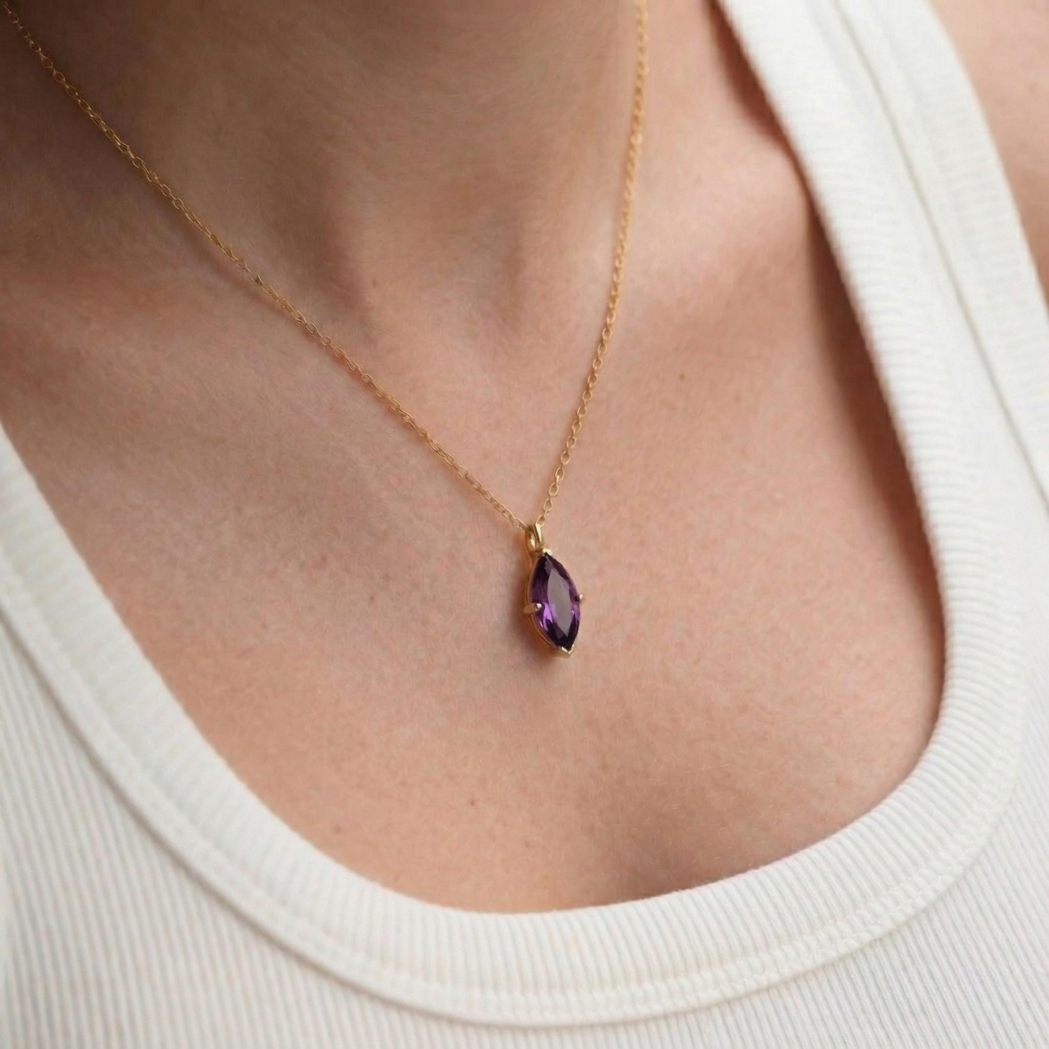 Dainty Amethyst Marquise Pendant Necklace in Gold - February Birthstone Jewelry - Elegant Gemstone Charm on Gold Chain - Gift for Her