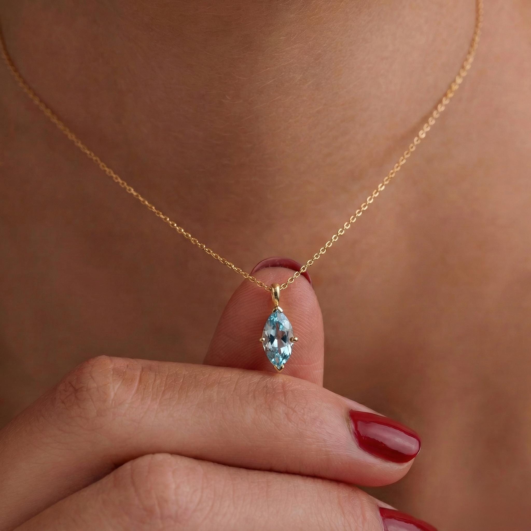 Dainty Marquise Aquamarine Necklace Gold, Minimalist Solitaire Blue Gemstone Pendant, Delicate 14K Gold Chain, March Birthstone Gift for Her