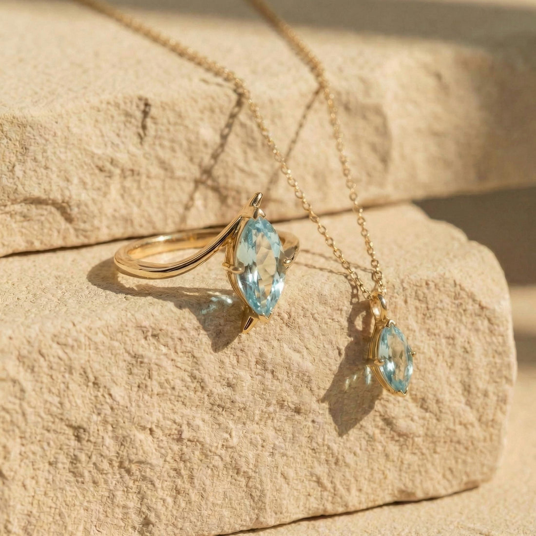 Dainty Marquise Aquamarine Necklace Gold, Minimalist Solitaire Blue Gemstone Pendant, Delicate 14K Gold Chain, March Birthstone Gift for Her