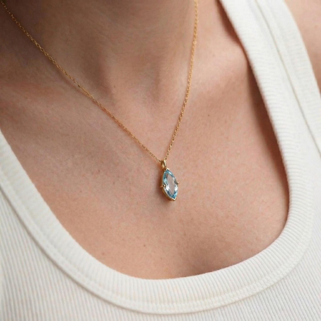 Dainty Marquise Aquamarine Necklace Gold, Minimalist Solitaire Blue Gemstone Pendant, Delicate 14K Gold Chain, March Birthstone Gift for Her