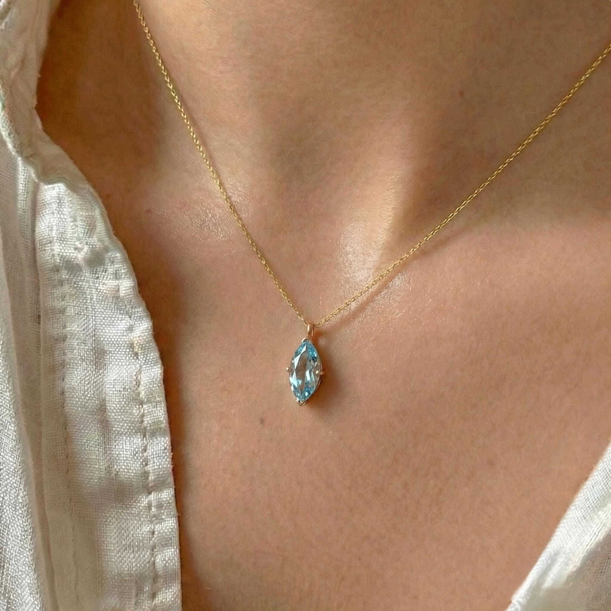 Dainty Marquise Aquamarine Necklace Gold, Minimalist Solitaire Blue Gemstone Pendant, Delicate 14K Gold Chain, March Birthstone Gift for Her