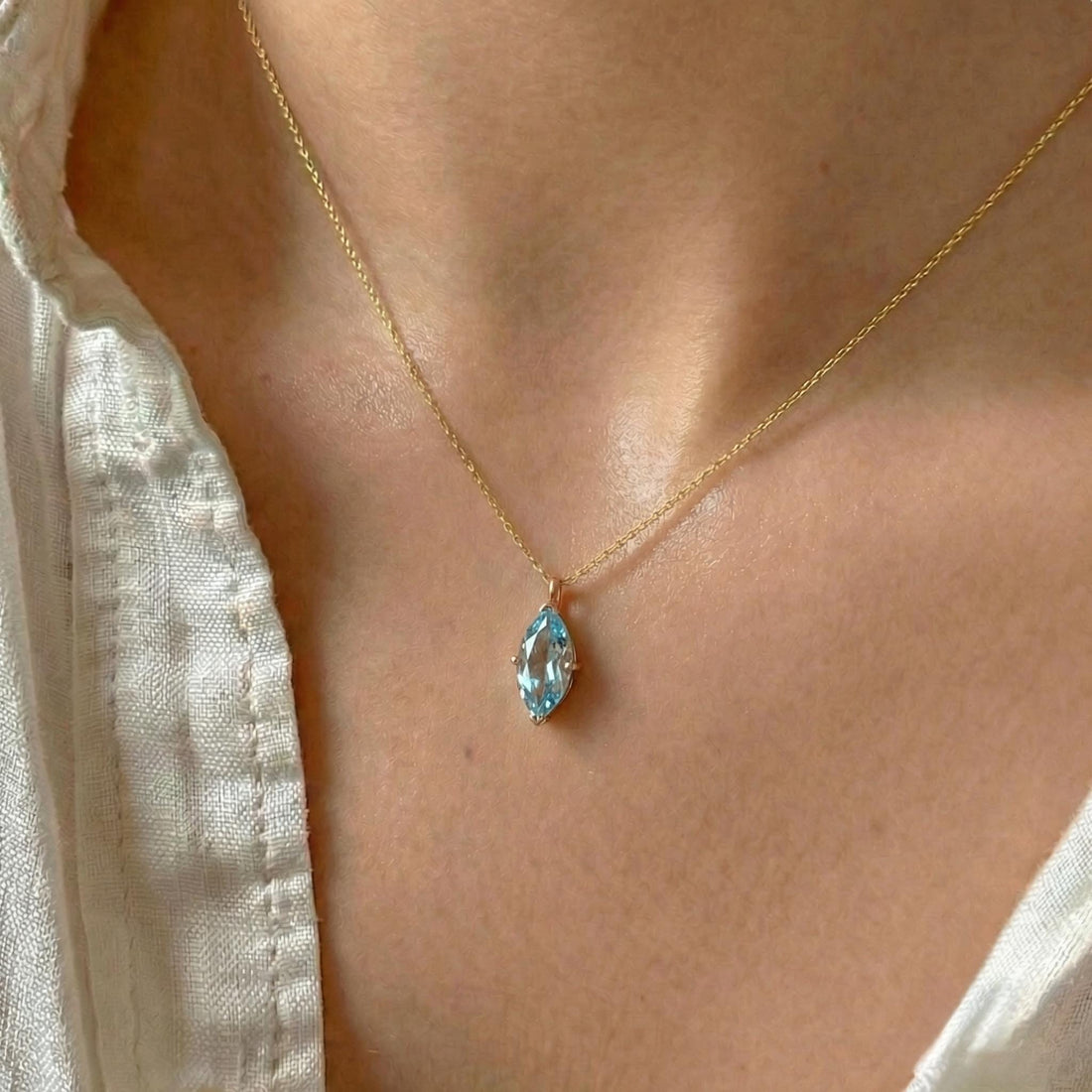 Dainty Marquise Aquamarine Necklace Gold, Minimalist Solitaire Blue Gemstone Pendant, Delicate 14K Gold Chain, March Birthstone Gift for Her