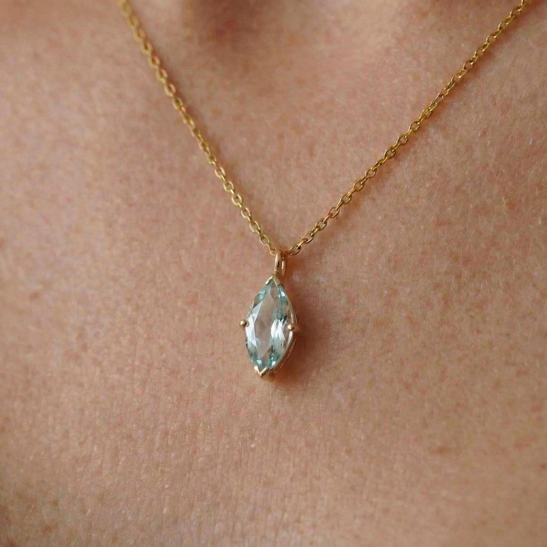Dainty Marquise Aquamarine Necklace Gold, Minimalist Solitaire Blue Gemstone Pendant, Delicate 14K Gold Chain, March Birthstone Gift for Her