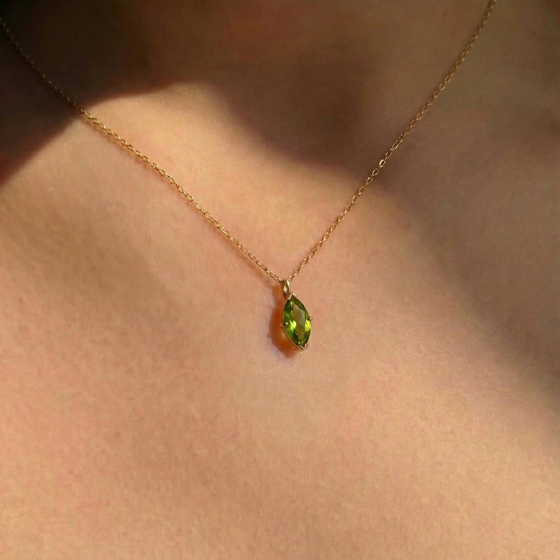 Elegant Peridot Marquise Necklace | 14K Gold Dainty Chain | Minimalist August Birthstone Gift | Everyday Fine Jewelry