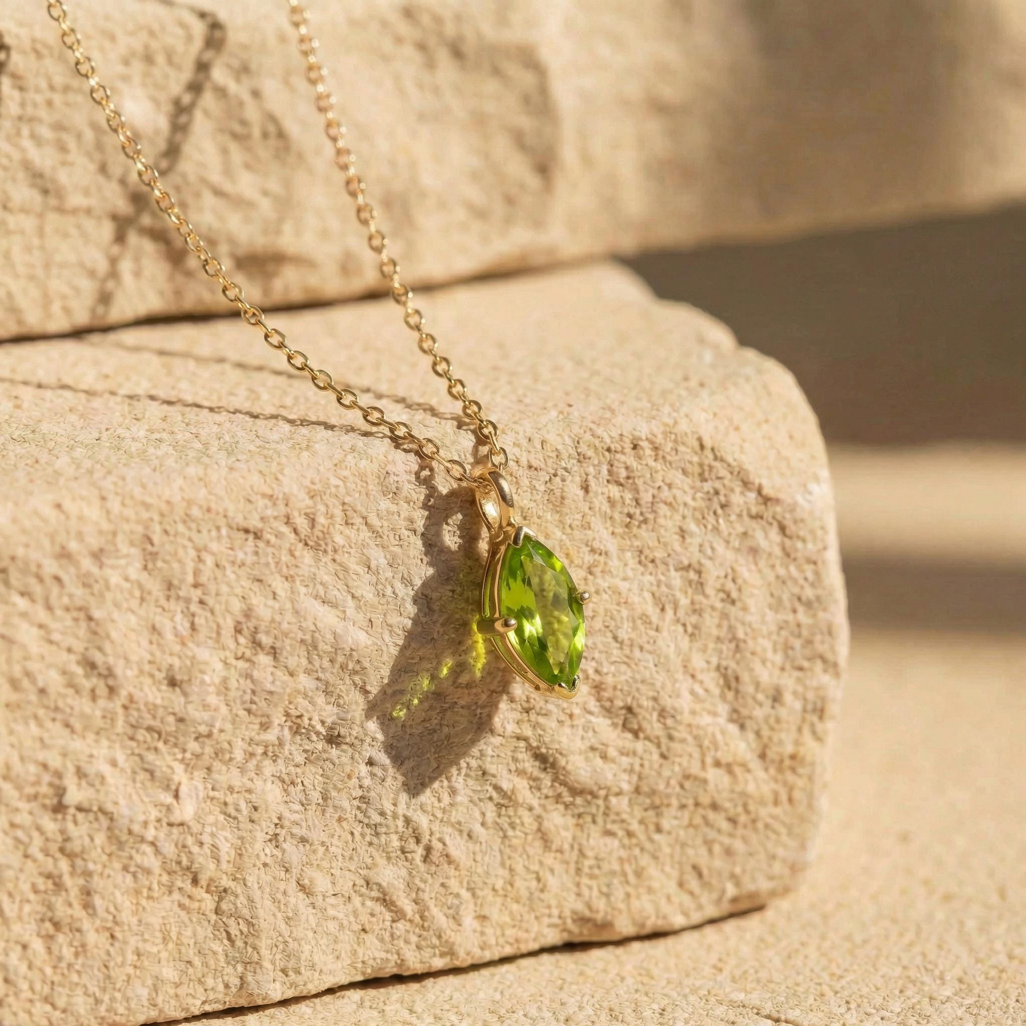 Elegant Peridot Marquise Necklace | 14K Gold Dainty Chain | Minimalist August Birthstone Gift | Everyday Fine Jewelry