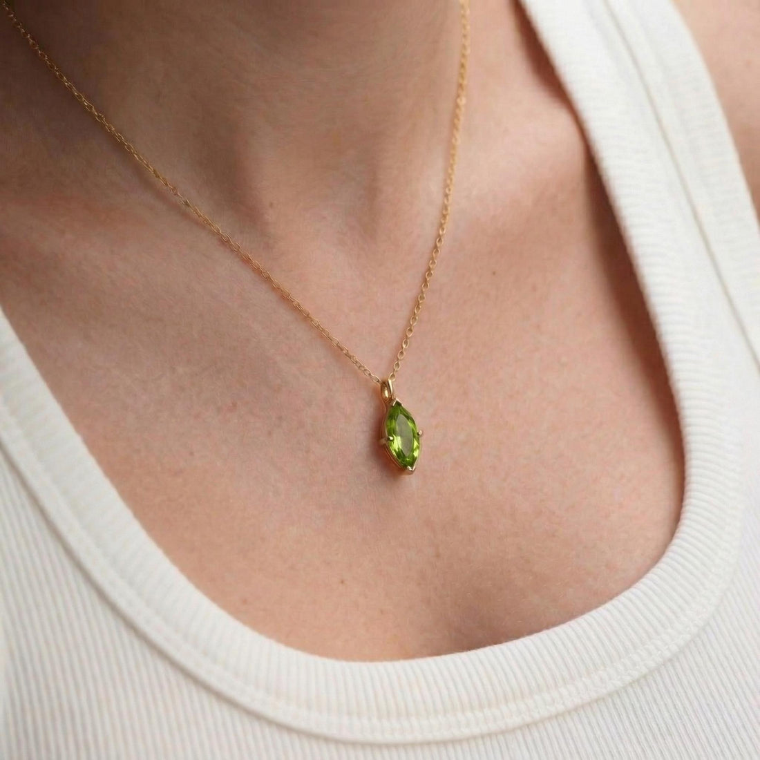 Elegant Peridot Marquise Necklace | 14K Gold Dainty Chain | Minimalist August Birthstone Gift | Everyday Fine Jewelry