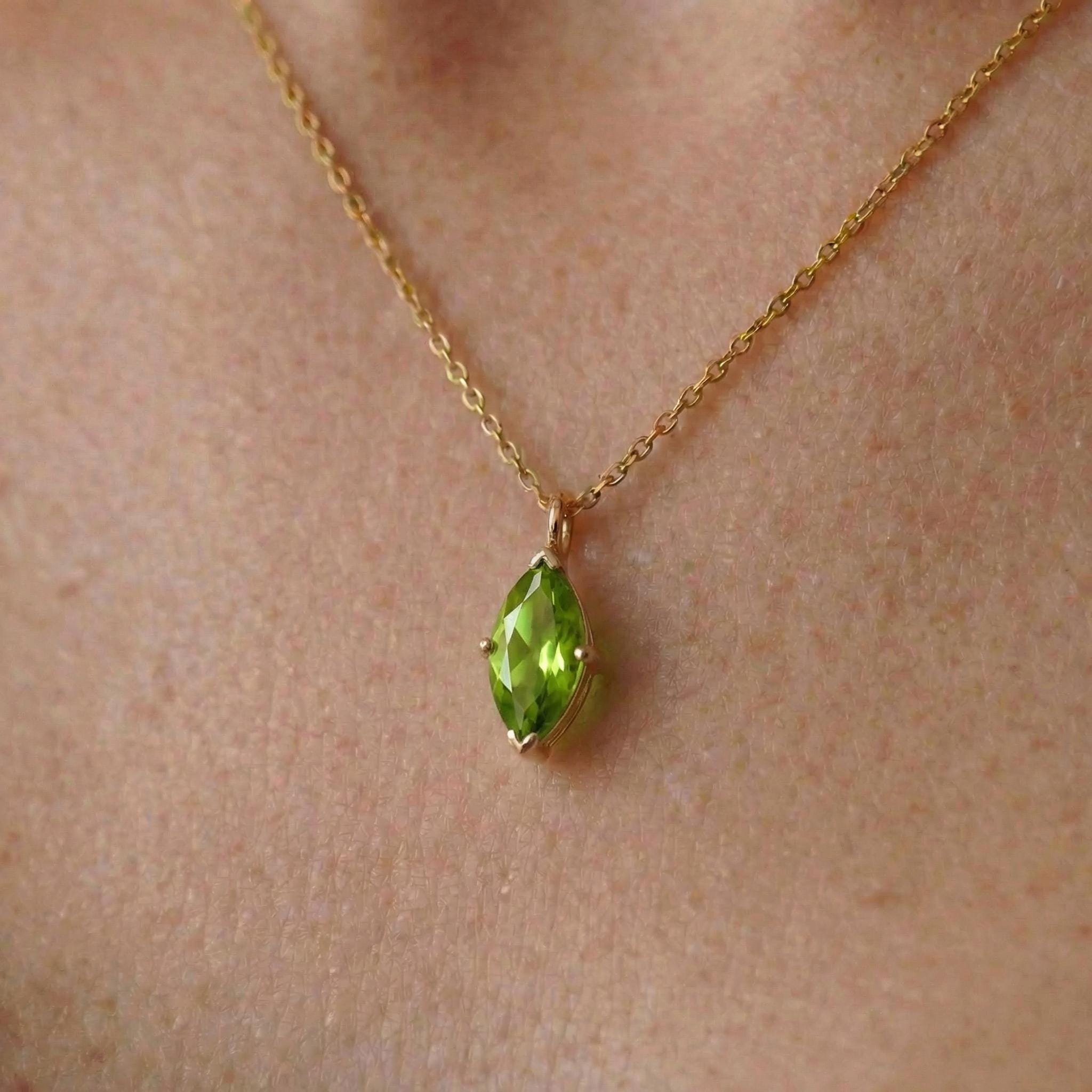 Elegant Peridot Marquise Necklace | 14K Gold Dainty Chain | Minimalist August Birthstone Gift | Everyday Fine Jewelry
