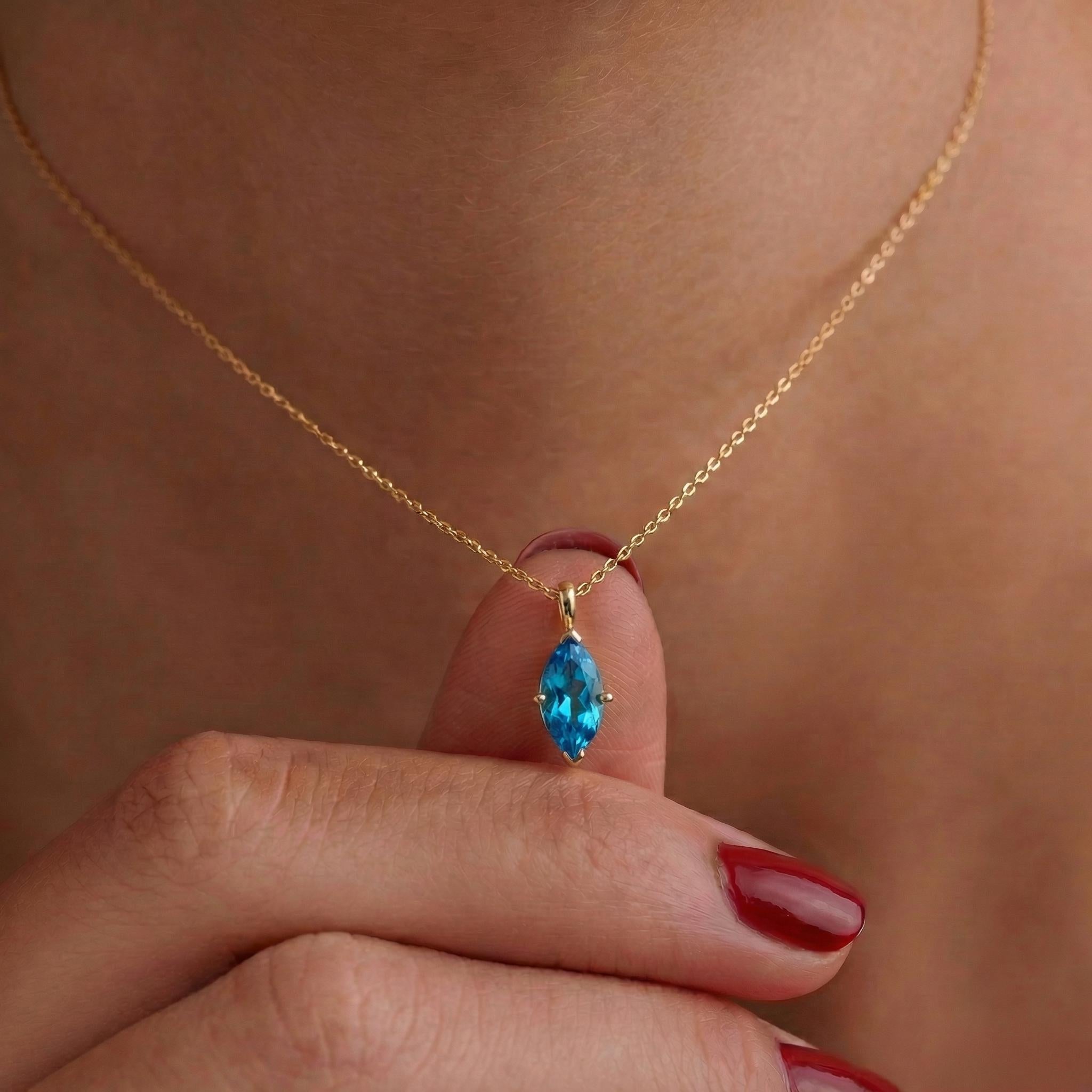 Elegant Blue Topaz Marquise Necklace | 14K Gold Dainty Chain | Minimalist December Birthstone Gift | Everyday Fine Jewelry