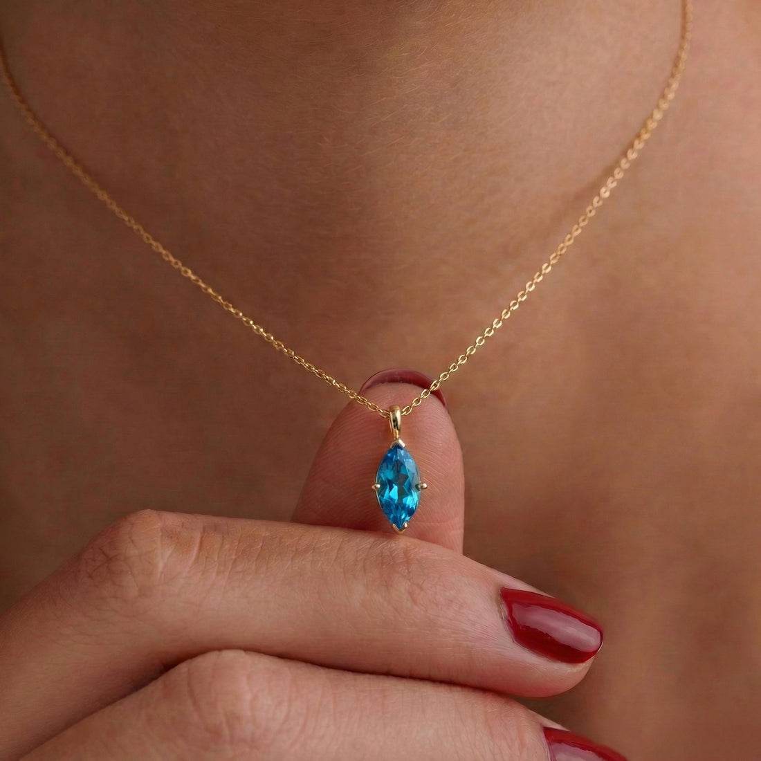 Elegant Blue Topaz Marquise Necklace | 14K Gold Dainty Chain | Minimalist December Birthstone Gift | Everyday Fine Jewelry