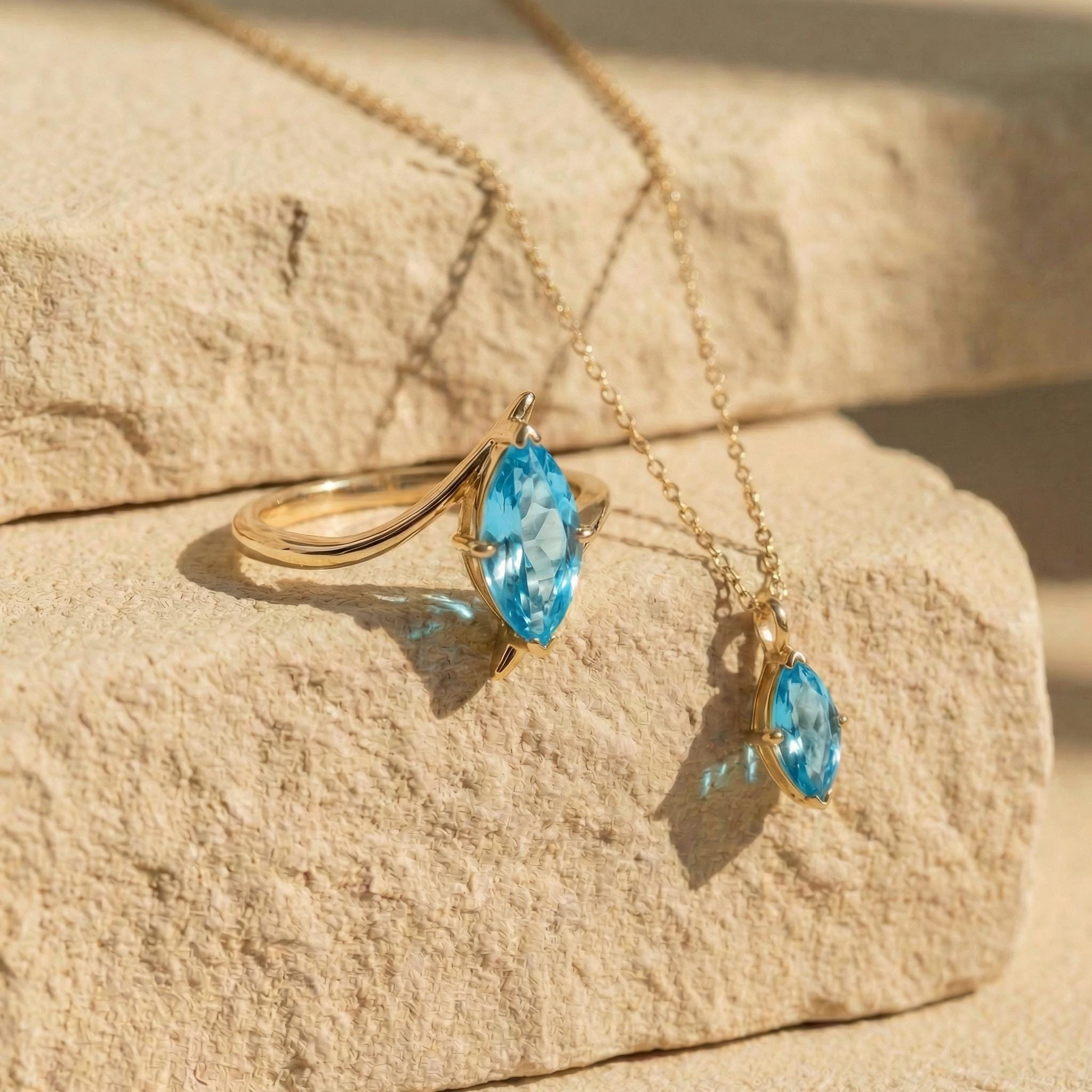 Elegant Blue Topaz Marquise Necklace | 14K Gold Dainty Chain | Minimalist December Birthstone Gift | Everyday Fine Jewelry