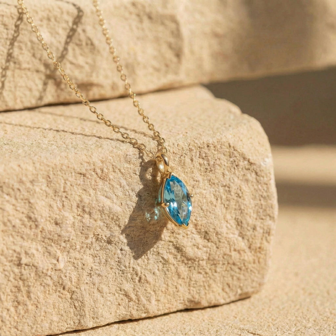 Elegant Blue Topaz Marquise Necklace | 14K Gold Dainty Chain | Minimalist December Birthstone Gift | Everyday Fine Jewelry
