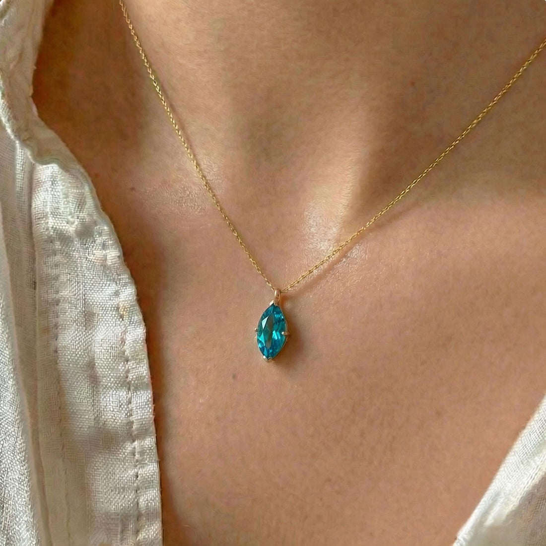 Delicate 14K Gold Marquise Blue Topaz Necklace | Elegant Dainty Gemstone Pendant | December Birthstone Gift for Her