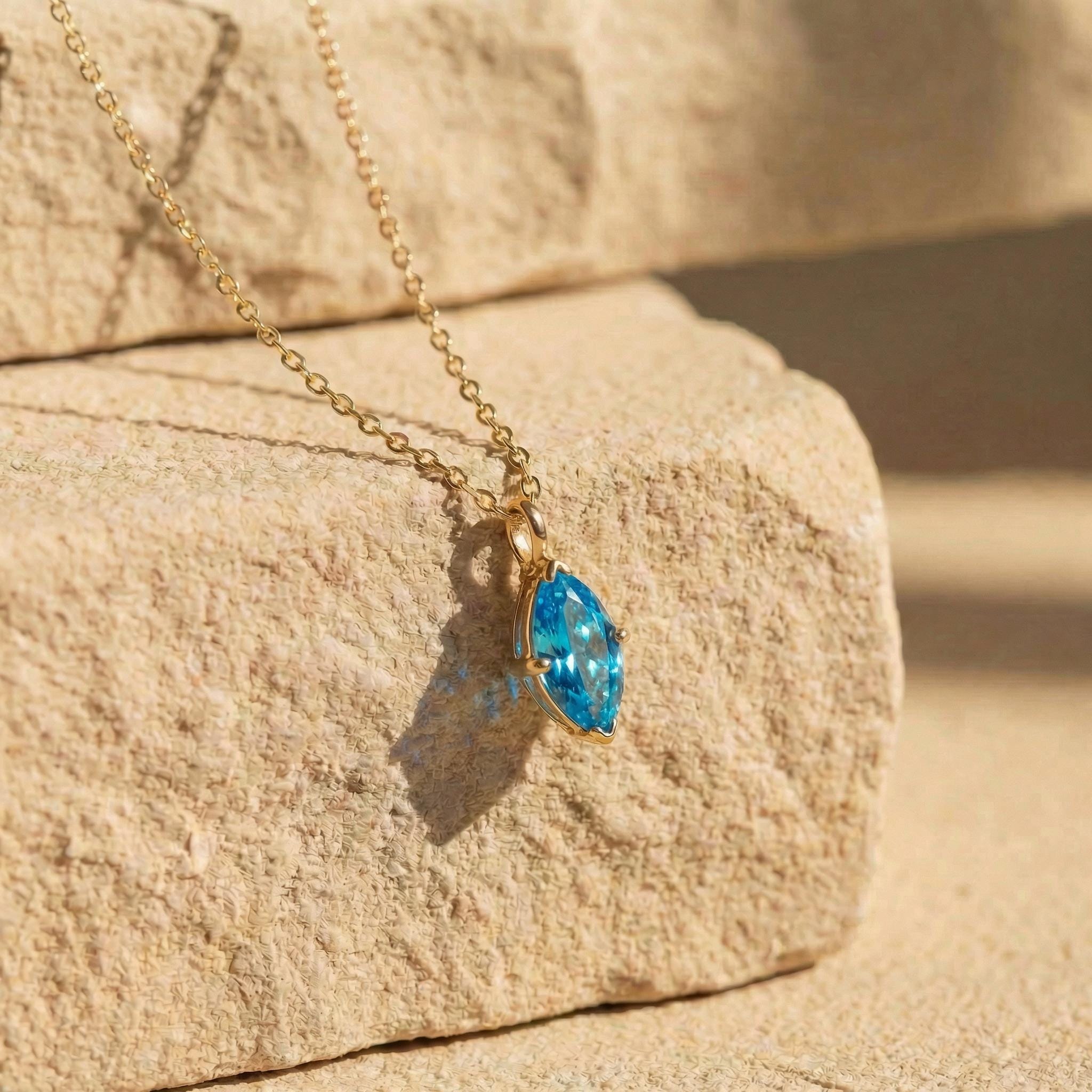 Delicate 14K Gold Marquise Blue Topaz Necklace | Elegant Dainty Gemstone Pendant | December Birthstone Gift for Her