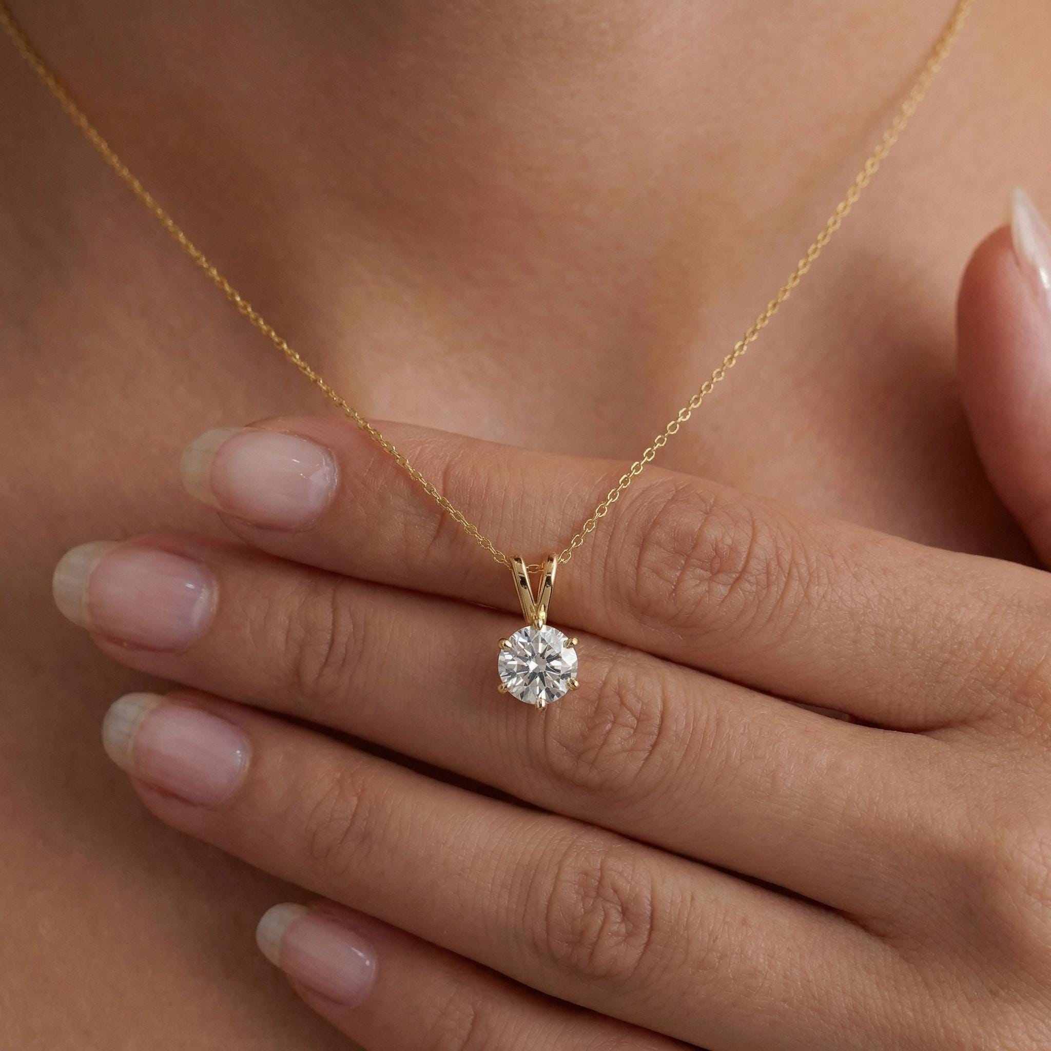 Dainty Gold Moissanite Solitaire Necklace | Brilliant Round Moissanite Pendant | Elegant Everyday Jewelry | Anniversary Gift for Her